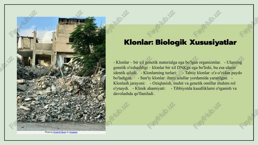 sh va xavfsizlik masalalari. - klonlashtirish texnologiyalari: jarayonning asosiy bosqichlari va ilmiy asoslari haqida. - klinik tadqiqotlar: klonlashtirishning klinik sohadagi roli va natijalari. - tibbiyotda qo'llanilishi: organ transplantatsiyasi va genetik kasalliklar bilan bog'liq. xulosa photo by emad el byed on unsplash foydalanilgan adabiyotlar 1. maqsadov, a. a. klonlarning biologik xususiyatlari va ulardan foydalanish imkoniyatlari. o‘zbekiston milliy universiteti, 2021 2. saidov, o. klonlashtirish texnologiyalari va ularning tibbiyotda qo‘llanilishi. tibbiyot jurnali, 2022 3. rasulova, d. klonlar va klinik tadqiqotlar: kelajak va imkoniyatlar. o‘zbekiston tibbiyot akademiyasi, 2023 4. tursunov, a. klonlashtirish biologiyasi: asosiy tushunchalar va tadqiqotlar. biologiya va tibbiyot jurnali, 2020 5. yusupov, e. klonlashtirish va uning tibbiyotdagi ahamiyati: etik masalalar va kelajakdagi yo‘nalishlar. o‘zbekiston tibbiyot ijtimoiy tadqiqotlar, 2023 e'tiboringiz uchun rahmat! image1.png image18.jpg image3.png image4.png image5.png image6.png image19.jpg image20.jpg image16.png image17.png