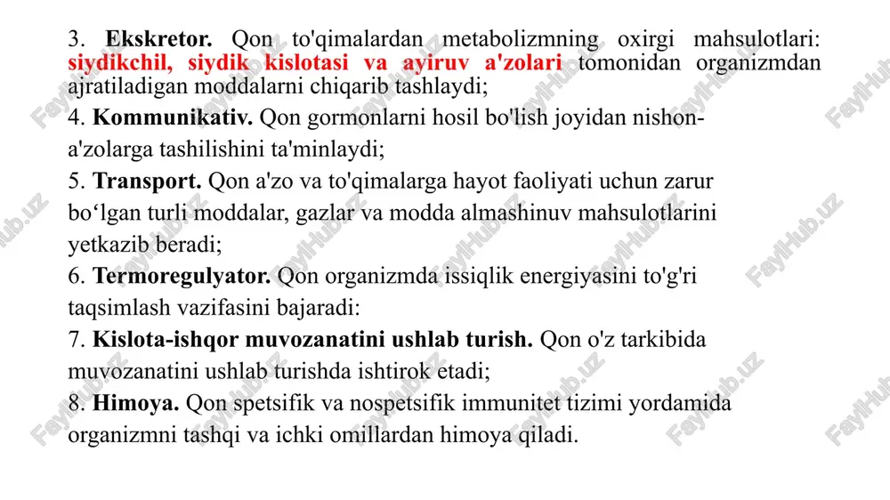 ida fibrinogen oqsili bo`lmaydi. tibbiyot amaliyotida tashxis va davolash maqsadlarida qon, plazma va zardobdan keng foydalaniladi. qon plazmasi tarkibining 90% suv, 7-8% oqsil, 0,1% qand, 0,9% mineral tuzlardan iborat. albumin yirik oqsil bo’lib, 18ga yakin dissosirlangan karboksil guruxini saqlaydi, shuning uchun na ionlarini bog’lab olishi va suv-tuz almashinuvida qatnashishi mumkin. bir sutkada 10-15g albumin jigarda sintezlanadi. albumin molekulasida turli moddalarni bog’lovchi gidrofob markaz bor shuning uchun u transport vazifasini bajaradi. albumin erkin yog‘ kislotalari, o‘t kislotalari, konyugasiyalanmagan bilirubin, ca2+, cu2+, triptofan, gormonlar (aldosteron, progesteron, gidrokortizon), vitaminlarni tashiydi. ko‘pchilik dori moddalari ham qonda albumin bilan bog‘lanadilar.aminokislotalar zaxirasi hisoblanadi. albuminning kolloid-osmotik bosimni saqlab turishdagi roli albumin plazmada 80% gacha osmotik bosimni saqlab turadi. qonda musbat zaryadlangan ionlar – ca2+, cu2+, zn2+ va asosiysi na+ ionlarini bog‘lab oladi , shu asosda qonning osmotik bosimini saqlaydi. albuminning 40% qonda, qolgan 60% i esa hujayraaro suyuqlik tarkibida bo‘ladi. odatda albumin qondan hujayralararo suyuqlikka o‘tadi va …