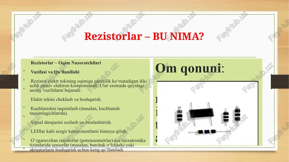 ladi. transformatorlar uchun qiziq faktlar: transformator (lotincha: transformo — oʻzgartiraman) — bu pas kuchlanishni yuqori kuchlanishga yuqori kuchlanish pas kuchlanishga aylantirib beruvchi elektro statik apparat(chastotasini o'zgartirmagan holda). elektrni birinchi marta p. n. yablochkov 1876-yil elektr yoritish tarmogida ishlatgan. m. o. dolivodobrovolskiy 1890-yil uch fazali elektr t.ni yaratgan. transformatorlarga misollar: xulosa: rezistorlar, kondensatorlar, induktorlar va transformatorlar har qanday murakkab mexatronika yoki robototexnika tizimining passiv asosini tashkil qiladi. ularning har biri elektr zanjirida aniq va hal qiluvchi rol o‘ynaydi. biz bunday elektron kompanentlardan juda ko’p foydalanamiz.ya’ni elektr energiyasini boshqarishda foydalamiz.hamda biz uni elektrni juda sariflanishi oldini olamiz.hamda biz uchun elektrni xavfsiz ravishda yetkazib beradi. tayyorlagan taqdimotim shulardan iborat edi etiboringiz uchun raxmat! image5.png image6.png image7.png image8.png image9.jpeg image10.jpeg image11.jpeg image12.jpeg image13.jpeg image14.jpeg image15.jpeg image16.jpeg image3.png image4.png /docprops/thumbnail.jpeg