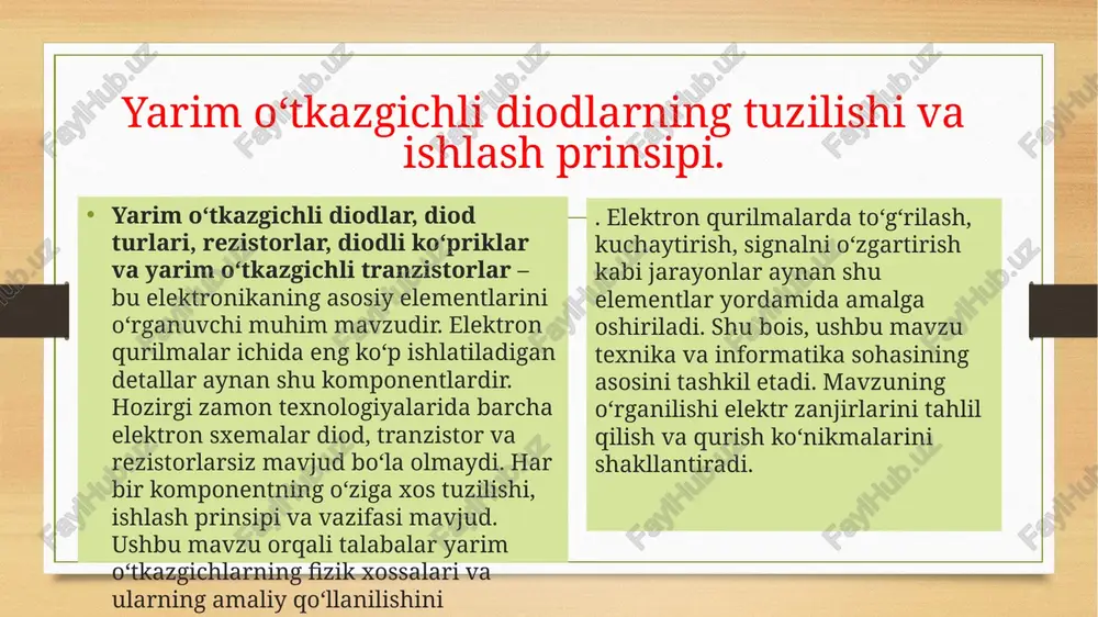 maniyli diodlar esa past kuchlanishli qurilmalarda qo‘llaniladi. to‘g‘rilovchi diodlar yakka yarim to‘lqinli yoki to‘liq to‘lqinli zanjir tarkibida ishlatiladi. ularning afzalligi — yuqori ishonchlilik va kichik o‘lchamdir. shu sababli ular televizor, radio va kompyuter bloklarida keng qo‘llaniladi. stabilitron va led diodlar stabilitronlar kuchlanishni ma’lum qiymatda ushlab turuvchi diod turidir. u teskari yo‘nalishda ulangan holda ishlaydi va kuchlanish oshganda avtomatik ravishda barqarorlikni ta’minlaydi. led diodlar esa elektr toki o‘tganda nur chiqaradi. ularning asosiy xususiyati energiya tejamkorlik va uzoq xizmat muddatidir. led texnologiyasi yoritish tizimlari, monitorlar va indikatorlarda keng tarqalgan. turli rangli led diodlar turli elementlar asosida yaratiladi: masalan, qizil led — galliy arsenid, yashil — indiy fosfid asosida bo‘ladi. rezistor turlari induktorlarning parametrlari va qo'llanilishi: rezistor — bu elektr zanjirida tok oqimini cheklovchi passiv elementdir. u elektr energiyasining bir qismini issiqlik energiyasiga aylantiradi. rezistorlar doimiy va o‘zgaruvchan turlarga bo‘linadi. ularning materiallari sifatida karbon, metall va simli tarkiblar ishlatiladi. rezistorlarning qiymati rangli kodlar …