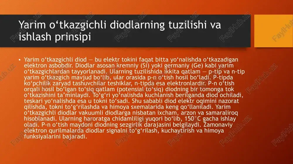 arim davrida ham chiqishda bir xil yo‘nalishda tok oqadi. natijada, chiqishda doimiy tok olinadi. diodli ko‘priklar elektr ta’minot bloklarida, adapterlarda va zaryadlovchi qurilmalarda keng qo‘llanadi. ularning afzalligi shundaki, u to‘liq to‘g‘rilashni ta’minlaydi va pulsatsiyani kamaytiradi. ko‘prik sxemasida diodlarning to‘g‘ri va teskari yo‘nalishda o‘tish holatlari muhim ahamiyatga ega. agar bir diod ishdan chiqsa, butun ko‘prikning ishlashi buziladi. diodli ko‘priklar kuchlanishning turli darajalariga moslab tayyorlanadi: 1a, 2a, 10a va undan yuqori. ko‘plab sanoat qurilmalarida diodli ko‘priklar kuchaytirgichlar va quvvat manbalarida asosiy rol o‘ynaydi. zamonaviy elektron qurilmalarda ular integrallashgan holatda ishlab chiqariladi. yarim o‘tkazgichli tranzistorlarning turlari, tuzilishi va amaliy qo‘llanilishi tranzistor — bu elektr signallarni kuchaytiruvchi yoki kalit (switch) sifatida ishlatiladigan yarim o‘tkazgichli elementdir. tranzistorlar asosan kremniydan tayyorlanadi va ikkita asosiy turga ega: bipolyar tranzistor (bjt) hamda maydonli tranzistor (fet). bipolyar tranzistorda uchta qatlam bo‘ladi: emitter, baza va kollektor. ular n-p-n yoki p-n-p shaklda bo‘ladi. tranzistorning ishlash prinsipi — kichik baza toki orqali …
