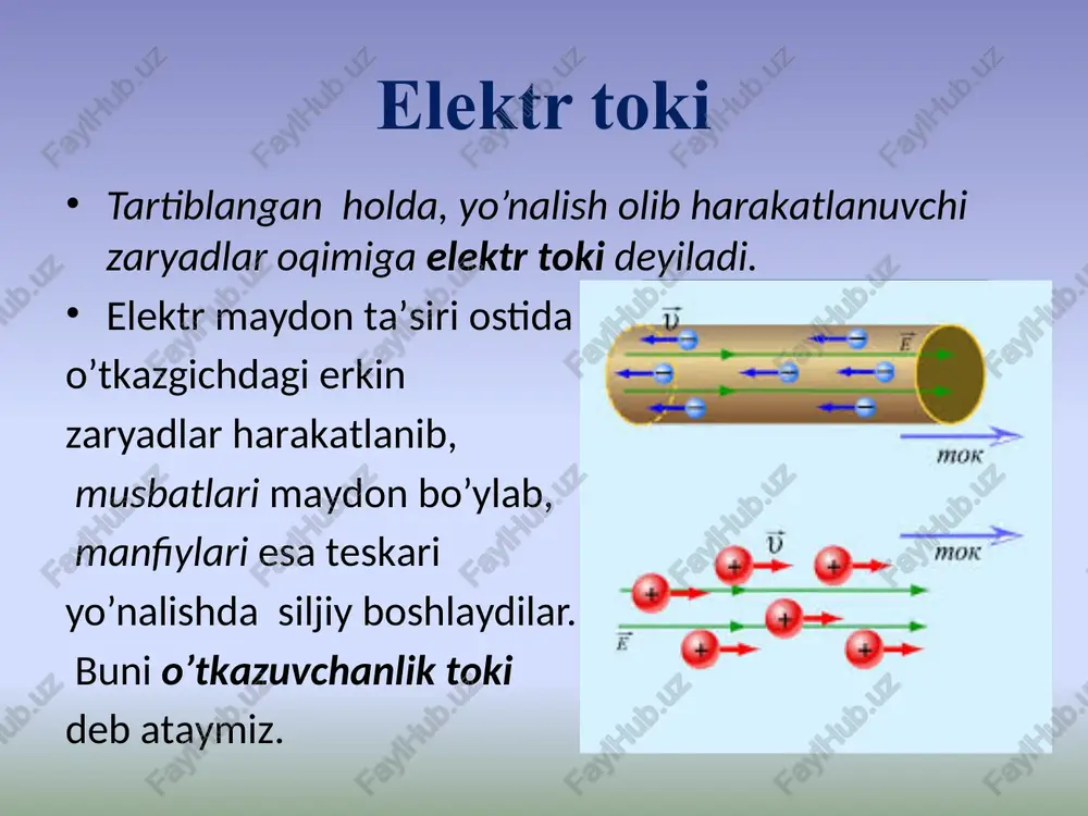 ns qonunining differentsial ifodasidir. u barcha o’tkazgichlar uchun o’rinli. to’liq zanjir uchun om qonuni agar tok qo’zg’almas o’tkazgichning bir jinsli bo’lmagan qismi orqali o’tayotgan bo’lsa, unda zaryadni shu qismda ko’chirish uchun bajariladigan ish va o’tkazgichning shu qismidan ajralib chiqadigan issiqlik miqdori energiyaning saqlanish qonuniga ko’ra o’zaro teng bo’ladi: bu ifoda umumlashgan om qonuni hisoblanadi. + _ uning xususiy hollardagi tadbiqi bilan tanishamiz agar mazkur qismda tok manbai mavjud bo’lmasa , unda bir jinsli zanjir uchun om qonuni hosil bo’ladi. agar elektr zanjiri berk bo’lsa, unda berk zanjir uchun om qonuni kelib chiqadi. agar elektr zanjiri ochiq bo’lsa, unda i=0. tashqi kuchlar o’zgarmas elektr toki mavjud bo’lishi uchun zanjirda, noelektrik tabiatli kuchlar bajaradigan ish hisobiga, doimiy potentsiallar farqi hosil qilib turuvchi qurilma bo’lishi kerak. bunday qurilma generator yoki tok manbai deb ataladi. tok manbai tomonidan zaryadlarga ta’sir etuvchi noelektrik tabiatli kuchlarni esa tashqi kuchlar deyiladi. tashqi kuchlarning tabiati turlicha bo’lishi mumkin: …