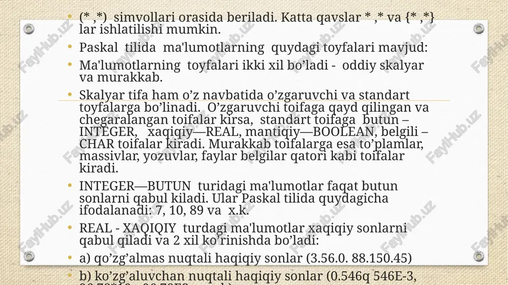 tur tanasidan nuqta vergul bilan ajratiladi: ::q ; dastur sarlovxasi prodramm hizmatchi so’z bilan boshlanadi, bu so’zdan keyin shu dasturga berilgan nom yoziladi (bu nom dastur ichida hech qanday sifatida ishlatilishi mumkin emas). dastur nomidan keyin yumoloq qavs ichida dastur parametrlari ro’yxati beriladi. bu parametrlar fayllar nomi bo’lib ular orqali dastur tashqi muhit bilan bog’lanadi. mavjud bo’lgan ko’plik fayllar orasidan 2 standart matnli fayllar ajratilgan. bular dasturni boshlang’ich ma'lumotlar va ma'lumotlarni qayta ishlash natijalari bilan bog’laydigan input va output lardir. dastur sarlovxasi yozilishini quyidagi misolda ko’ramiz: program paskal (input, output); paskalni ko’p verliyalarida input va output yozilmasligi ham mumkin. umumiy xolda dastur tanasi (blok ) 6 bo’limdan iborat va ular aniqlangan ketma -ketlikda joylashgan bo’lishi shart. :: dasturni asosiy vazifasi bu exm ga ma'lumotlarni ( berilganlarni) qayta ishlash buyicha amallar berish. bu amallar operatorlar yordamida beriladi. shuning uchun ham operatorlar bo’limi asosiy hisoblanadi va har qanday dasturda ishtirok etishi shart. …