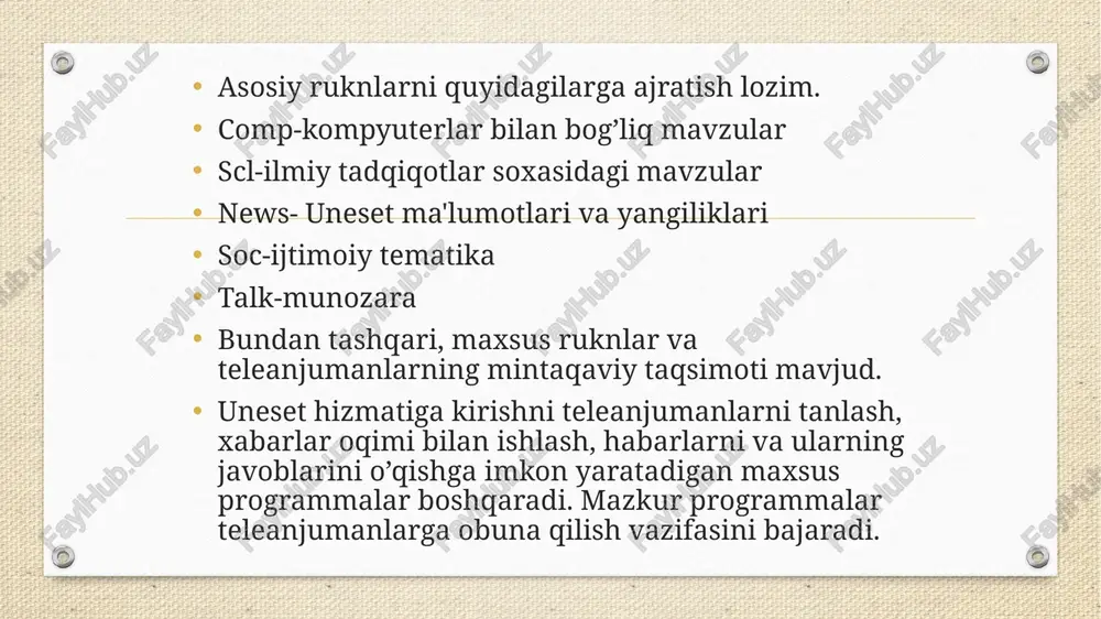 a hamda mijoz server komandalari to’plamini o’z ixtiyoriga oladigan komanda rejimida olib borishi mumkin. kidiruv sistemalari. yahoo http:g`g`www.yahoo.com taniqli va foydalanishga qulay qidiruv sistemasi, shuning uchun uning foydalanuvchilari ko’pchilikni tashkil etadi. infoseek selekt sites: http:g`g`www.infoseek.comg` infoseek qidiruv sistemasi yahoo kabi ish yuritadi va web saxifalarini serverga kiritilishini ta'minlaydi. hotbot http:g`g`www.hotbot.comg` ixtiyoriy mazmundagi ma'lumotlar omboriga ega. turli xildagi servis xizmatlar ko’rsatadi. elektron adres, telekonferentsiya va web- saxifalarini qidiradi. excite http:g`g`www.excite.comg` eng ommaviy server. juda boy, turli xil mavzudagi tanlangan ilovalarni o’z ichiga oladi. webcrawler http:g`g`www.webcrawer.comg` 1995 yildan boshlab ishlaydi. avvalgi nomi gnn selekt. 5 millionga yaqin mijozlari bor. opentext http:g`g`www.open text.comg` www qidiruv ishlarini olib boradi. quyidagi jadvalda ommabop qidiruv sistemalaridan foydalanish reytingi ko’rsatkichlari keltirilgan. jadvalda yahoo qidiruv sistemasi foydalanuvchilari soni salmoqli ekanligi yaqqol ko’rinadi. № qidiruv sistema nomi 2000 yil yanvar oyida foydalanganlar soni 1 yahoo.com 44.698.000 2 lycos.com 27.121.000 3 excite.com 15.552.000 4 altavista.com 11.969.000 5 snap.com 10.923.000 6 …