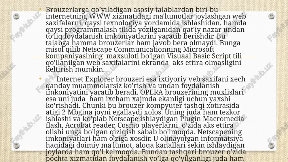 b, unda joriy amal haqidagi ma'lumot beriladi. internetda biror ma'lumotni o’qish uchun adres satrida zarur bo’lgan saxifa manzilini kiritasiz. masalan, adreslar satrida yahoo.com adresini kiritib ko’ring. natijada shu sahifa qidiriladi. pastki holat satrida “adres topildi. javobni kuting” degan ma'lumotni anglatuvchi xabar paydo bo’ladi. ekranda bir necha daqiqadan so’ng saxifa paydo bo’ladi. zarur bo’lgan ma'lumotlarni tanlab o’qishingiz mumkin. saxifada gipermatn tagiga chizilgan bo’ladi va rangi ham asosiy matndan farqli bo’ladi. gipermatnni o’qish uchun unda sichqoncha tugmasini chertish etarli. gipermadagi ma'lumotni odatdagi usulda o’qishingiz mumkin. agar orqaga qaytmoqchi bo’lsangiz “nazad” tugmasini bosing. oldinga o’tish uchun esa “vperyod” tugmasini bosing internet explorer “brauzeri” (varaqlovchisi) foydalanuvchiga katta hajmdagi ma'lumotlarni ko’rish imkoniyatini beradi. u kompyuter internet provayderga ulangandan so’ng ishlaydi. ya'ni modem o’rnatilib, telefon tarmog’i yordamida provayder kompyuteri bilan bog’lanib, axborot almashish kommunikatsion programmasini sozlagandan so’ng internet explorer dasturi ishga tushiriladi. foydalanuvchining kompyuteriga internet explorer brauzerining birinchi marotaba o’rnatishni maxsus mutaxassislar bajarishi lozim. buning uchun …