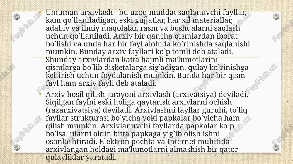 larga o`xshash formatlaydigan lha (x.yoshizaki) arxivatori ham mavjud. yana ko`p qo`llaniladigan arxivatorlardan biri rar (ye.roshal) hisoblanadi. bu arxivator norton commander muhitida, foydalanuvchi interfeysi yordamida amalga oshiriladi. ammo bu arxivatordan epda foydalanish ancha noqulayliklar tug`diradi. endi ko`p qo`llaniladigan zip va arj arxivatorlarini ko`rib chiqamiz. fayllarni arxivlash buyrug`ining umumiy ko`rinishi quyidagicha bo`ladi: pkzip holat arxiv_nomi [fayllar_nomlari] yoki arj buyruq holat arxiv_nomi [katalog [fayllar_nomlari]. bu buyruqlarning parametrlari: - buyruq parametri bitta harfdan iborat bo`lib, u arj ning bajaradigan ishini ko`rsatadi. masalan: a - arxivga fayllarni qo`shish, m - arxivga fayllarni ko`chirib o`tkazish va h.z. - holat parametri «-» yoki «/» belgilari bilan boshlanib umumiy holda quyidagilarni bidirishi mumkin: a (add)-hamma fayllarni arxivga qo`shish; u (update)-yangi fayllarni arxivga qo`shish; f (freshen)-arxivdagi mavjud fayllarning yangi turlarini arxivga qo`shish; - arxiv_nomi - arxiv nomi (yoki to`liq nomi) ko`rsatiladi. agar ushbu fayl mavjud bo`lmasa u yangi tashkil etiladi; - katalog - arj arxivatori uchun fayllar joylashgan papka …