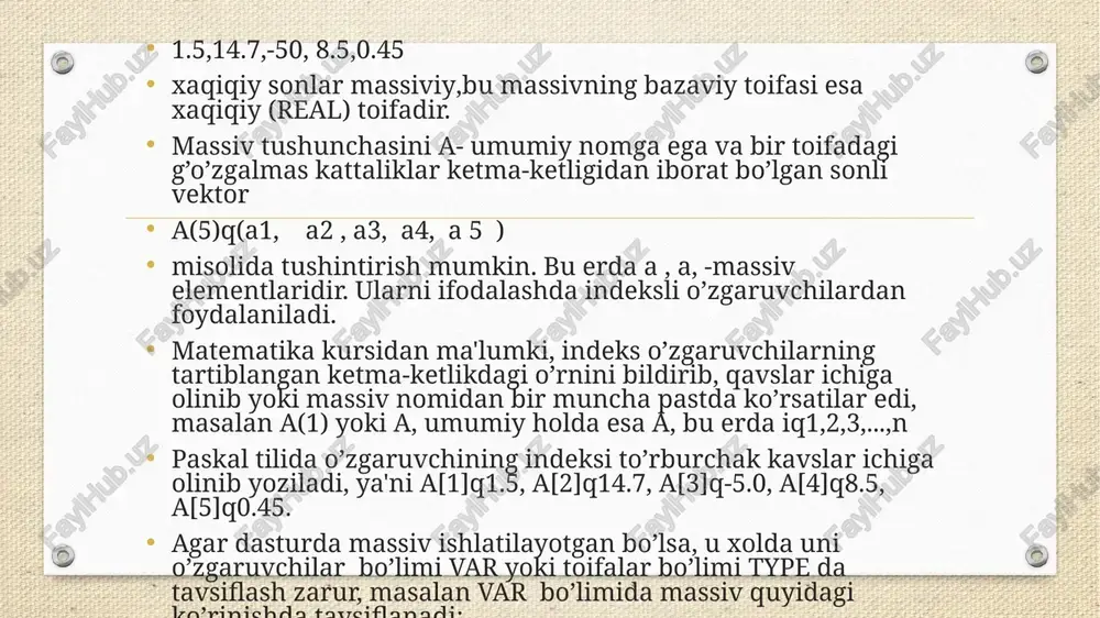 [1..100]of real.bu erda1..100 chegaralangan butun toifa a massiv elementlarni soni yuzta ekanligi va ularning tartiblanganligini (birinchidan yuzinchigacha) bildiradi. tug’ri tavsiflangan massivlarga misollar: var massiv:array[-745..-1] of real; year:array[1477..1988] of char; l:array [boolean] of char; a,b,c:array[1..50] of real; ma'lumkiy, qayt qilingan toifa qiymatlarining to’plami ham cheklangan to’plamni tashkil qiladi bu esa o’z navbatida qayd qilngan toifa qiymatlarini ham indeks toifasi sifatida qo’llash imkoniyatini beradi, masalan: var month:array [mart, apr, may] of char; color:array [red, blue, yellov, black] of integer;indeks va indeks toifasi tushinchalari o’rtasida o’zaro farq mavjud bulib,indeks toifasi massiv elementlari soni va ularning tartiblanganligini bildiradi va ular massivni tavsiflash bo’limida ishlatiladi.indeks esa massiv elementning tartib raqamini belgilaydi va operatorlar bo’limidagina ishlatiladi.agar biror bir massivga murojat qilish uchun uning to’liq nomi,ya'ni muntazam toifaga mansub o’zgaruvchining nomi ishlitilsa,massivning alohida elementiga murojat qilish uchun indeksli o’zgaruvchi ishlatiladi. masalan, a(5) massiv uchun a o’zgaruvchi to’liq o’zgaruvchi(massiv nomi),a[i] -indeksli o’zgaruvchidir. ifodalarda indeksli o’zgaruvchilar qiymat berish operatorining …