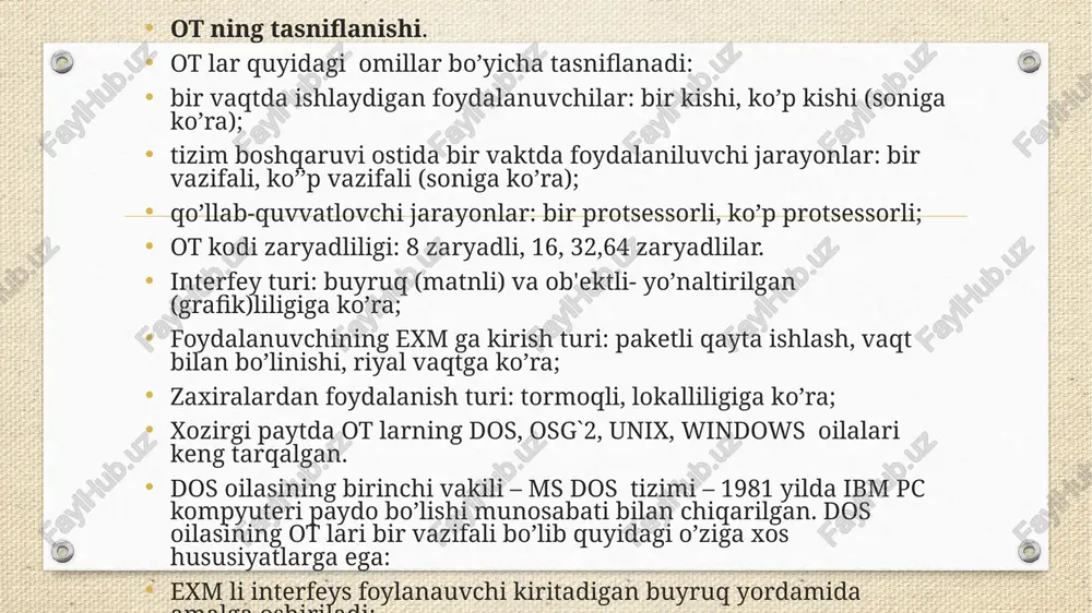 tiradan foydalanish takomillashgan va grafik interfeysi yaxshilangan; osg`2 warp connect – tarmoqni qo’llab quvvatlashi yaxshilangan; osg`2 warp server – serverli ot sifatida ishlash uchun maqqullangan. unix oilasidagi ot lar 32 zaryadli ko’p vazifali ko’p kishi foydalanadigan ot lardir. unix ning kuchli tomoni shundaki bitta tizimning uzi turli kompyuterlarda – super kompyuterlardan shk gacha foydalaniladi. bu xol tizimni bir mashina arxitekturasidan boshqasiga kam sarf bilan o’tkazish imkonini beradi. unix taqsimlovchi ma'lumotlar bazasiga kirish, lokal tarmoqlar, olis masofadan aloqa qilish va oddiy modem yordamida ko’plab tarmoqlarga chiqish imkonini o’zida birlashtiradi. unix da pochta xizmati uning asosiy tarkibiy qismlaridandir. xozirgi paytda unix uchun ko’plab ilovalar mavjud bo’lib, dos va windows uchun ommaviy bo’lgan ilovalardan ham unda foydalanilishi mumkin ot lar rivojlanishining an'analari. ot rivojlanish soxasida an'analarni aniqlash va uzoq muddatli oldindan ko’rishlarni tuzish murakkab, chunki u kompyuter bozorining tezkor rivojlanuvchi soxasidir. shu bois faqat mo’lljaldagi an'analariva ot lar rivojlanishining extimoldagi yo’nalishini belgilash mumkin: …