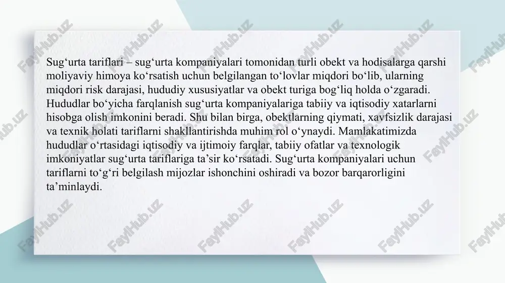 ini oshiradi 6.obektlarga qarab tariflarni tabaqalashtirish nimani ta’minlaydi? a) sug‘urta kompaniyasining moliyaviy barqarorligini b) faqat reklama samaradorligini c) soliq majburiyatlarini kamaytiradi d) xodimlar sonini oshiradi 7.yuqori riskli hududlar uchun tarifni oshirishning maqsadi nima? a) foydani kamaytirish b) moliyaviy barqarorlikni ta’minlash c) mijozlar sonini kamaytirish d) obekt qiymatini oshirish 8.sug‘urta tariflarini diversifikatsiya qilish nima uchun kerak? a) risklarni kamaytirish va bozor raqobatbardoshligini oshirish b) faqat reklama qilish c) xodimlar ishini osonlashtirish d) soliqni kamaytirish 9.hududiy va obektga qarab tariflarni optimallashtirishning eng asosiy vositasi nima? a) oddiy hisobotlar b) statistik va raqamli tahlil c) faqat tajriba asosida qaror qabul qilish d) foyda kamaytirish 10.sug‘urta kompaniyalarida tariflarni muntazam qayta ko‘rib chiqish nima uchun muhim? a) tariflarning bozor sharoitiga moslashishi va risklarni kamaytirish b) xodimlar sonini oshirish c) reklama kampaniyalarini kuchaytirish d) faqat hisob-kitoblarni kamaytirish test hududiy farqlar sug‘urta tariflarini belgilashda muhim omil hisoblanadimi? obektning turi va xavfsizlik darajasi tariflarni belgilashga ta’sir qiladimi? sug‘urta …
