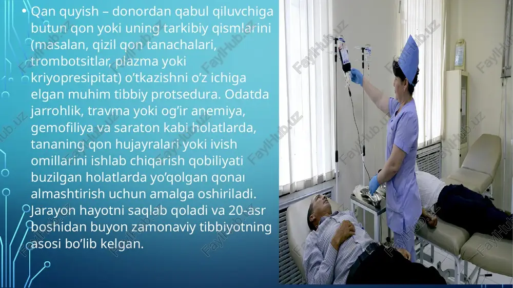 onxial astma va h.k.). aktiv sil jarayonning infiltrativ bosqichiga o'tishi davrida qon quyishdan oldin bajariladigan chora tadbirlar: bemor va donor qon guruxlarini aniqlash. rezus-omilni aniqlash. bemorning zardobi va donorning eritrotsitlari o'rtasidagi individual moslikni aniqlash. rezus moslikni suv hammomida aniqlash. biologik moslikni aniqlash bemorning kon zardobini ajratib olish rezus omilni ekspress usulda aniqlash quruk probirkaga 2 tomchi eritrotsitlardan tomiziladi. ushbu probirkaga 2-3 tomchi antirezus-zardobdan tomiziladi. ehtiyotlik bilan aralashtiriladi. so'ngra 10,0 ml fiziologik eritma qo'shilib, aralashtiriladi. natijada yorug' – oq fonda ko'riladi. agar aralashmada qumsimon massa paydo bo'lsa, qon rh+. agar aralashma loyqasimon tus olsa, qon rh- rezus mosliknianiqlashda individual sinama qon quyish turlari va ularning xususiyatlari autotransfuziya-bemorning oʻz qonidan qayta foydalanib qon yoʻqotishni kamaytirish gemotransfuziya-donordan bemorga qon yoki uning komponentlarini quyish plazmotransfuziya-plazma yoki uning preparatlarini quyish,oqsil yetishmovchiligida kriotransfuziya-muzlatilgan qon yoki uning komponentlarini quyish qonning quyidagi komponentlari va mahsulotlari quyilishi mumkin: 1. to’liq qon- butun qon komponentlarini saqlangan bo’lib, anemiya yoki shok …