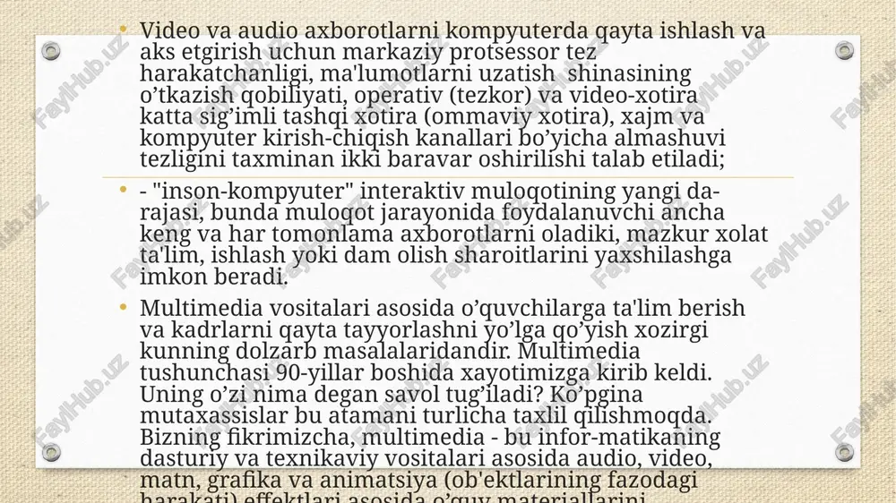 ari bilan yaqindan aloqa qilish ishtiyoqi yanada ortadi: v) ta'lim olish vaqtining qisqarish natijasida, vaqtni te­jash imkoniyatiga erishish; g) olingan bilimlar kishi xotirasida uzoq muddat saqlanib, kerak bo’lganda amaliyotda qo’llash imkoniyatiga erishiladi. shuni aytib o’tish kerakki, kadrlarni qayta tayyorlash yo’lida jaxon valyuta fondi, umumjaxon banki, evropa ittifoqi komissiyasi kabi nufuzli tashkilotlar katta tajribaga egadirlar. viz bunga, ushbu tashkilotlar tomonidan tashkil qilingan semi­nar va konferentsiyalarning ishtirokchisi sifatida yana bir bor ishonch xosil qildik. avvalombor, o’quv jarayonida zamonaviy kom­pyuter texnologiyalaridan foydalanish taxsinga sazovordir. o’z o’rnida, multimedia vositalaridan keng foydalanish yo’lida ayrim ob'ektiv muammolar ham mavjud. bulardan eng asosiysi — o’quvchilar uchun kerak bo’lgan o’quv materiallarini, konunlarni va boshqa ko’rsatmalarni qo’llanma qilib kompyuter dasturlarini ishlab chiqarishdir. distant uslubi asosida uquvchilarni o’qitish xozirgi kunning eng rivojlanib borayotgan yo’nalishlaridan bo’lib, o’qituvchi bilan o’quvchilar ma'lum bir masofada joylashgan xolda ta'­lim berish tizimidir. o’qituvchi va o’quvchining ma'lum bir ma­sofada joylashganligi, uqituvchini dars jarayonida kompyuterlar, sputnik aloqasi, kabel …