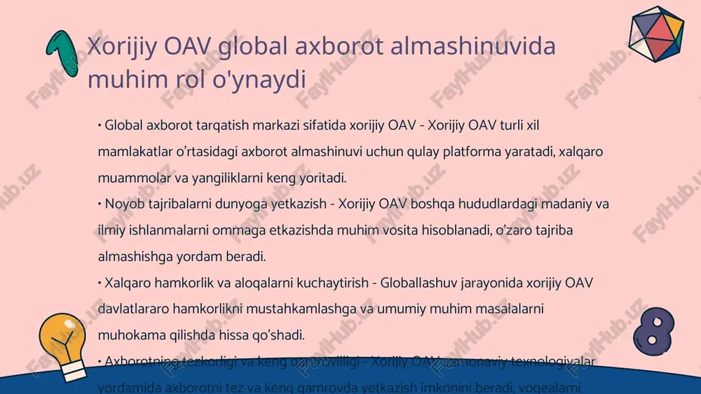 rganish va tahlil qilish uchun qulay platforma yaratadi. xorijiy oav texnologik taraqqiyot haqida ma'lumot beradi • xorijiy oavning ulushi - chet el oav texnologik taraqqiyot sohasida keng qamrovli ma’lumotlar taqdim etadi, jumladan, innovatsiyalar va ilg‘or mahsulotlarni tanishtiradi. • texnologik taraqqiyot tendentsiyalari - hozirgi davrda robototexnika, sun’iy intellekt kabi sohalar xorijiy oavda keng yoritib borilmoqda, texnologik rivojlanish haqida fikr almashish muhim. • global o‘rganish va natijalar - texnologiya sohasida muvaffaqiyatli tadqiqotlar va tahlillar, xorijiy mutaxassislar orqali oav platformalarida keng sahifalar kesimida aks ettiriladi. • kelajak istiqbollari - xorijiy oav texnologiyalar kelajagini baholashda ilmiy uslubdan foydalanadi, yangi innovatsiyalar hayotni osonlashtirishi ta'kidlanadi. xorijiy oav xalqaro hamkorlikni rivojlantirishga yordam beradi • xorijiy oavning ta'siri - xorijiy ommaviy axborot vositalari global axborot almashinuvida muhim rol o'ynaydi. ular xalqaro hamkorlikni mustahkamlash uchun madaniy va iqtisodiy ma'lumotlarni tarqata oladi. • madaniyatlararo aloqa - qator xorijiy nashrlar va telekanallar turli millat madaniyatini yoritishda xizmat qiladi. bu jarayon xalqlar …