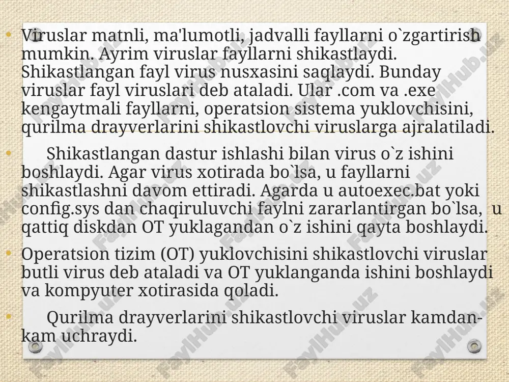 . chunki kompyuter viruslari ishi natijasida ma'lumotlar o`chiriladi. ma'lumotlarni, hamda kompyuterlarni uimoyalash uchun maxsus mutaxassislar himoya tizimlarini yaratishga jalb qilingan. lekin shunday bo`lsada, bu tizimlar to`liq kafolat bera olmaydi. chunki viruslarning yangi noma'lum turlarini hisobga olib bo`lmaydi. shuning uchun davolovchi dasturlarni yangilab turish maqsadga muvofiq. ushbu qismda viruslar tavsifi, ularning turlari, ulardan foydalanish tartiblari keltirilgan. keng tarqalgan davolovchi dasturlar aidstest, drweb, adinf tavsifi to`la yoritilgan. extiyotkorlik tadbirlari kompyuterdagi zaruriy ma'lumotlar arxiv nusxasini saqlash, o`zgartirilgan fayllarni yangilab turish maqsadga muvofiq. viruslarni aniqlovchi va davolovchi, ularni himoya qiluvchi maxsus dasturlardan foydalanish kerak. aniqlovchi dasturlar virus bilan shikastlangan fayllarni aniqlaydi. davolovchi dasturlar shikastlangan fayllarni virusdan tozalaydi va faylni shikastlanishdan avvalgi holatiga tiklaydi. revizor dasturlar kompyuterdagi fayllar haqidagi ma'lumotlarni eslab qoladi, o`zgarish aniqlanganda, sizga xabar beradi. revizor dedektorlari fayllardagi o`zgarishni aniqlaydi va o`z holiga qaytaradi. boshqa kompyuterlardan disketalarda keltirilgan ma'lumotlar tekshirilishi zarur. buni dedektor–dastur yordamida bajarish mumkin. masalan: komandalar satrida aidstest a: g`sg`g komandasini …