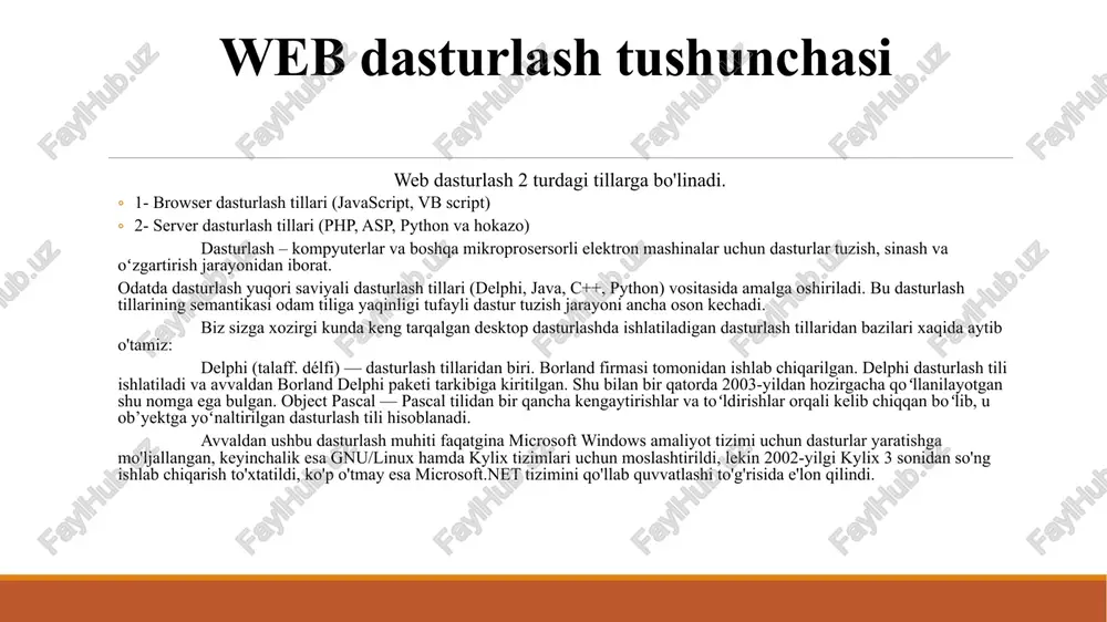 tml teg quyida teg va uning o'lchamlari yozilishiga misol keltirilgan: hello world! misolda keltirilgan teglar html hujjatga kiritilganda hello world! jumla qizil rangda, ajratilib yoziladi. teglar orasida kiritilgan matn, teg o'lchamlarida qanday komandalar berilgan bo'lsa shu komandalarga bo'ysingan holda ekranda hosil bo'ladi. bu misolda hello world! jumlasiga nisbatan ikkita teg ishlatilgan. 1 - teg va 2 - teg . hello world! jumlasidan keyin yana ikki teg va yozilgan. bularning farqi shundaki, birinchi ikkita teg ochuvchi va jumladan so'ng yozilgan ikkita teg esa jumla oldida yozilgan teglarni davomi yani yopuvchi teglardir. yopuvchi teglarning vazifasi ochilgan teg ta'sir maydoni tugaganligini belgilashdan iborat. html hujjatda deyarli barcha teglarni yopish losim. '/' slesh belgisini qo'shish orqali yopuvchi teg yasaladi. html teg har doim eng ohiri ochgan tegni birinchi navbatda yopishni unitmang. teglarning ochilish va yopilish tartibini alishtirib yubormang. aks holda hatoliklar kelib chiqishi mumkin. endi etiborimizni ga qaratamiz font (shrift) teg nomi, color (rang) …