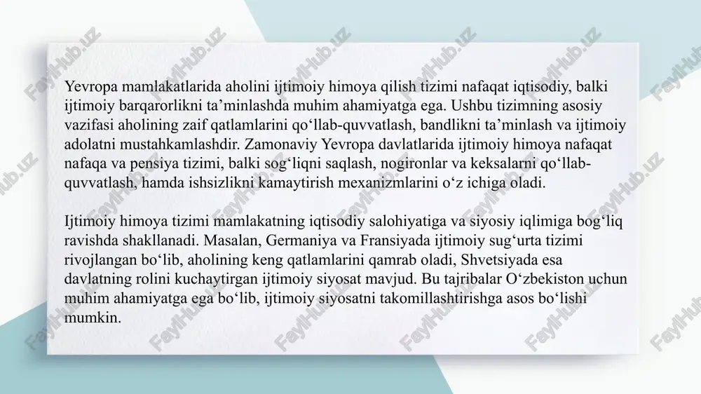 iya va sog‘liqni saqlash xizmatlari alohida fondlar orqali moliyalashtiriladi. fransiyada ko‘p bolali oilalarga moliyaviy yordam va soliq imtiyozlari beriladi. barcha dasturlar aholining turmush darajasini oshirishga yo‘naltirilgan. amaliyotda elektron nafaqa tizimlari va onlayn konsultatsiyalar xizmat sifatini oshiradi. samaradorlik ko‘rsatkichlari – qamrov darajasi va foydalanuvchilar soni bilan o‘lchanadi. shu tarzda, zaif qatlamlarni qo‘llash orqali ijtimoiy adolatni mustahkamlashga erishiladi. o‘zbekiston uchun yevropa tajribasidan foydalanish istiqbollari aholini ijtimoiy himoyalashda yevropa tajribasini milliy sharoitga moslashtirish yo‘llari yevropa davlatlarining ijtimoiy himoya tizimlari o‘zbekiston sharoitida ham samarali qo‘llanilishi mumkin. avvalo, ishchi va ish beruvchilarning ijtimoiy badallarini hisoblash tizimi joriy etilishi kerak. pensiya va nafaqa tizimida shaffoflikni oshirish, shaxsiy jamg‘armalarni shakllantirish mumkin. ishsizlik sug‘urtasi va bandlikni ta’minlash dasturlari yevropa tajribasiga moslashtiriladi. ko‘p bolali oilalar va nogironlar uchun moliyaviy yordam tizimi takomillashtiriladi. sog‘liqni saqlash xizmatlarini elektron platformalar orqali boshqarish qulayligi yaratiladi. yevropa standartlariga mos monitoring va audit tizimi joriy etiladi. shu bilan aholi ehtiyojini real vaqt rejimida qamrab olish …