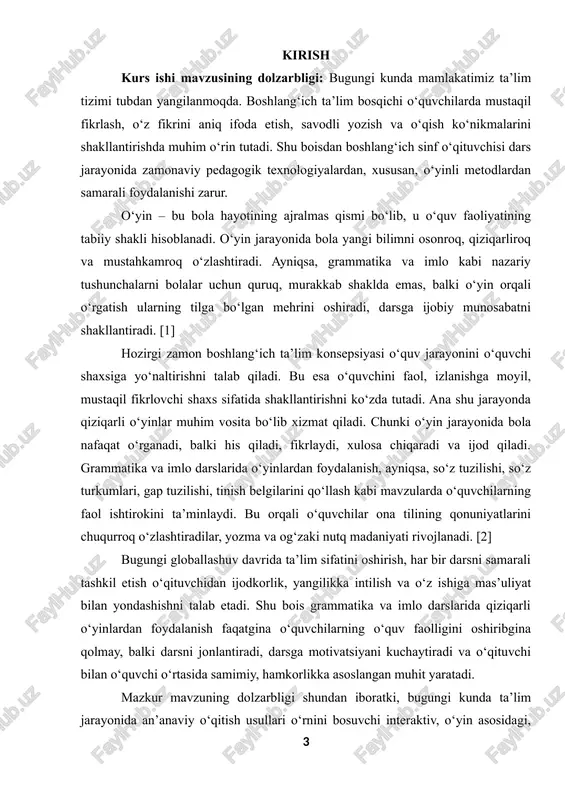 ojlantirishda muhim ahamiyatga ega bo‘lgani uchun bu sohada o‘yin metodlaridan foydalanish ilmiy-amaliy jihatdan katta natija beradi. shu bilan birga, boshlang‘ich sinflarda grammatika va imlo darslarini o‘yinli metodlar asosida tashkil etish o‘quvchilarning o‘zlashtirish darajasiga, tafakkur jarayoniga va kommunikativ ko‘nikmalarining rivojlanishiga ijobiy ta’sir ko‘rsatadi. [3] chunki o‘yin jarayonida o‘quvchi o‘zini erkin tutadi, xatodan qo‘rqmaydi, mustaqil fikrlaydi va jamoa bilan ishlashga o‘rganadi. bu esa ta’limning zamonaviy yondashuvlaridan biri — kompetensiyaviy ta’lim tamoyillariga to‘la mos keladi. hozirgi ta’lim jarayoni o‘quvchining faolligini, mustaqil fikrlashini va ijodkorligini ta’minlashga qaratilgan. o‘yinlar orqali tashkil etilgan darslarda o‘quvchi o‘qituvchi tomonidan tayyor bilimni emas, balki uni izlab topadi, o‘zi xulosa chiqaradi. bu esa ularning kognitiv faoliyatini rivojlantirib, o‘rganilgan bilimlarni uzoq muddat eslab qolish imkonini yaratadi. ayniqsa, fe’l turkumiga oid mavzularni o‘yinli usullar orqali o‘rganish o‘quvchilarda so‘z yasash, so‘zning grammatik shakllarini farqlash, gapda fe’lning vazifasini aniqlash kabi amaliy ko‘nikmalarni mustahkamlaydi. [4] shuningdek, o‘yin metodlari o‘quvchilarning nutq madaniyatini shakllantirishda ham muhim rol …