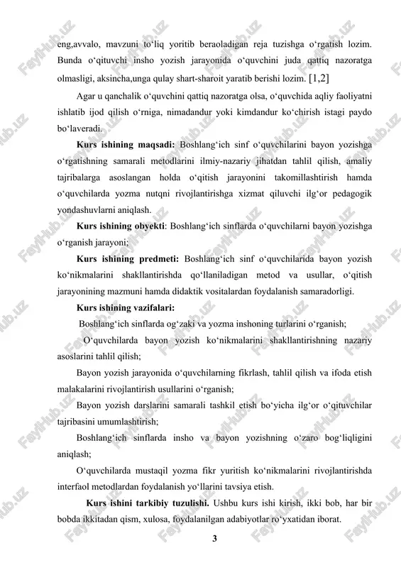 il qilish; bayon yozish jarayonida o‘quvchilarning fikrlash, tahlil qilish va ifoda etish malakalarini rivojlantirish usullarini o‘rganish; bayon yozish darslarini samarali tashkil etish bo‘yicha ilg‘or o‘qituvchilar tajribasini umumlashtirish; boshlang‘ich sinflarda insho va bayon yozishning o‘zaro bog‘liqligini aniqlash; o‘quvchilarda mustaqil yozma fikr yuritish ko‘nikmalarini rivojlantirishda interfaol metodlardan foydalanish yo‘llarini tavsiya etish. kurs ishini tarkibiy tuzulishi. ushbu kurs ishi kirish, ikki bob, har bir bobda ikkitadan qism, xulosa, foydalanilgan adabiyotlar ro‘yxatidan iborat. i bob. boshlang‘ich sinflarda o‘quvchilarni bayon yozishga o‘rgatishning nazariy asoslari 1.1 boshlang‘ich sinflarda og‘zaki va yozma inshoning turlari insho o‘quvchining ma’lum bir mavzuni mustaqil ravishda ochib bera olish va o‘z fikrlarini yozma shaklda to‘g‘ri ravon savodli bayon qila olish ko‘nikma va malakalarini namoyish etuvchi ijdoiy matn-kichik bir asardir. insho arabcha so‘z bo‘lib, ‘‘yaratish’’, “bino qilish’’, “qurish’’ma’nosini beradi. hozirgi tilimizda bu so‘zning ma’nosi ancha toratib, asosan o‘quvchi va talabalar tomonidan yoziladigan ‘‘ijodiy yozma ish’’ma’nosida qo‘llaniladi. ma’lumki inshoning barcha turi ijodiy xarakterga ega, …