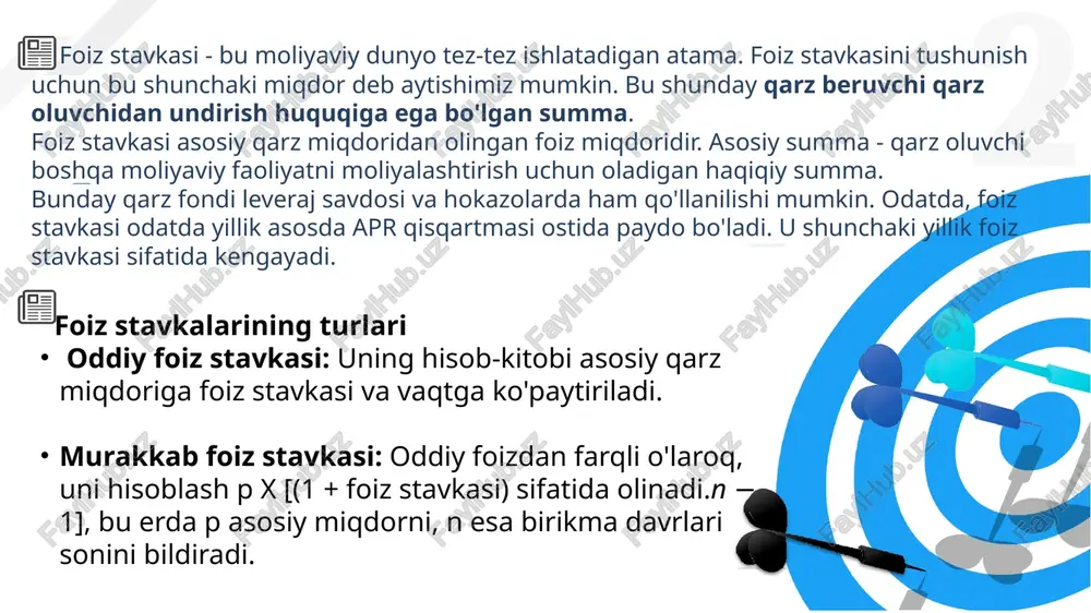 ishda tebranib turadi. suzib yuruvchi foiz stavkasi ikki asosiy ajralmas qismdan tashkil topadi. birinchi qismi pul-kredit bozoridagi konyunkturaga bog’liq ravishda o’zgarib turadi uning vazifasini odatda taklifdagi kredit resurslarining banklararo stavkalari, yani londonda libor. parijda pibor, singapurda sibor, quvaytda kibor, lyuksemburgda lkjsibor va hokazolar qo’llaniladi. libor londondagi jahon ssuda kapitali bozorida etakchi erkin almashadigan valyutalar, yani aqsh dollari, germaniya markasi, yaponiya ienasi, angliya funt sterlingi kabi valyutalardagi depozitlarga to’lanadigan o’rtacha foiz stavkasidir. u har kuni london vaqti bilan soat 1200da butun dunyoga «faynenshil tayms» london gazetasi orqali elon qilinadi. 2 2017 presentation template company address goes here real foiz stavkasi = nominal foiz stavkasi – inflyasiya darajasi agar inflyasiyaning o’sish surati foiz stavkasidan yuqori bo’lsa, u holda real foiz stavkasi salbiy ko’rsatkichga aylanadi. xorijiy mamlakatlar tajribasida kredit narxini belgilashning «qiymat plyus» va «narx bo’yicha ustunlik» usullari mavjud. kredit amaliyotida «qiymat plyus» usulidan foydalanish keng tarqalgan bo’lib, uning asosida berilayotgan kredit summasig’a …