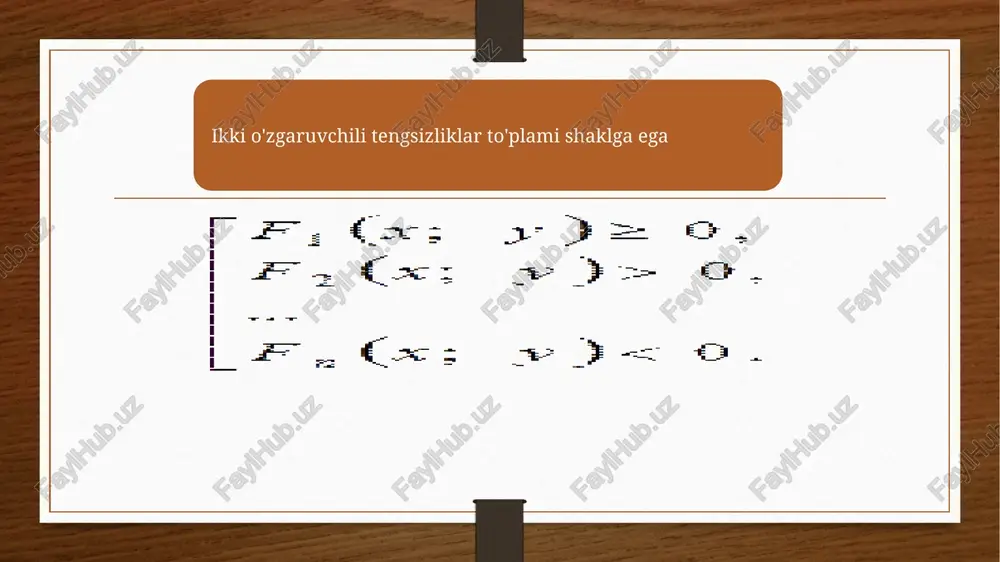 an ikkinchi mintaqa bo'ladi. 3. agar tengsizlik qat’iy bo’lsa, u holda mintaqa chegaralari, ya’ni y=f(x) funksiya grafigining nuqtalari yechimlar to’plamiga kiritilmaydi va chegara nuqtali chiziq shaklida ko’rsatiladi. . agar tengsizlik qat'iy bo'lmasa, u holda mintaqa chegaralari, ya'ni y = f(x) funksiya grafigining nuqtalari ushbu tengsizlikning yechimlari to'plamiga kiradi va bu holda chegara bo'ladi. qattiq chiziq sifatida tasvirlangan. xulosa: - f(x,y)˃0, ) tengsizlikning yechimi. image7.gif image8.gif image9.gif image3.png image4.png /docprops/thumbnail.jpeg