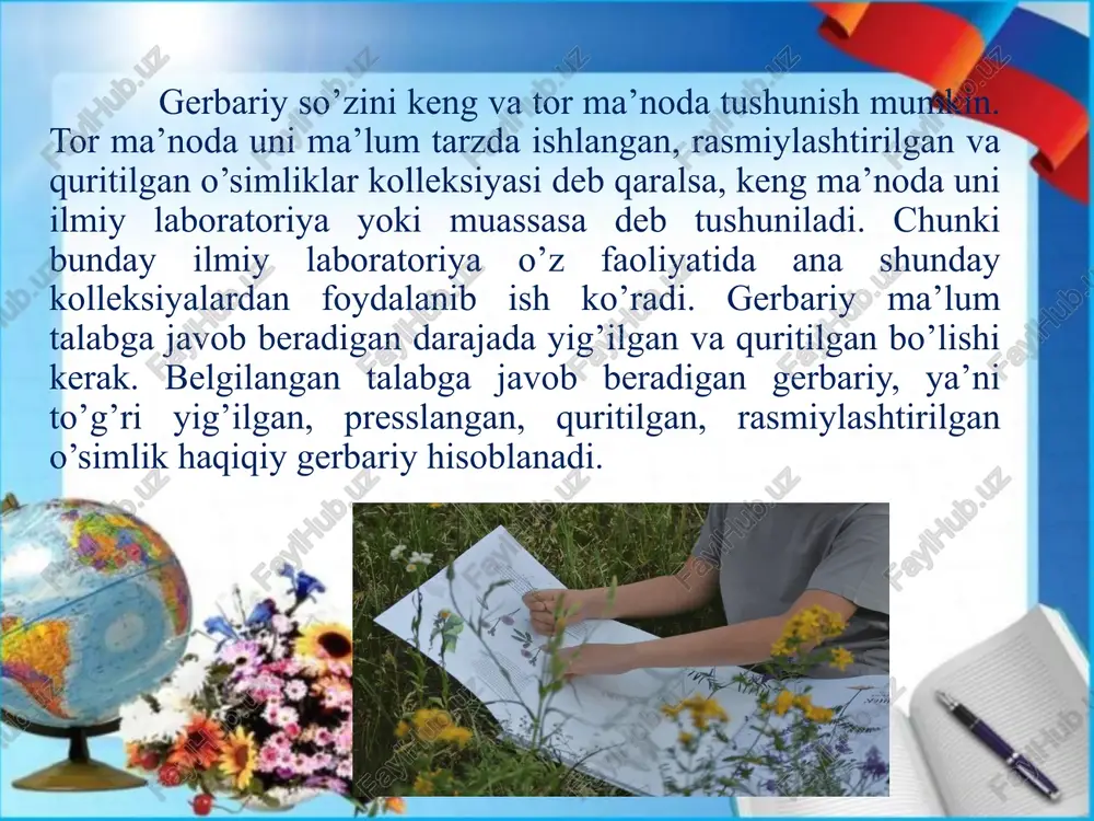 k barglar orasiga gigroskopik qog’oz qo’yiladi. o’simliklarni quritish uchun zarur miqdorda qog’oz zahira bo’lishi kerak. shuningdek, varaq orasiga qo’yiladigan qog’oz ham talab etiladi. bunday qog’oz pressdagi bosimni va suv namini shimish uchun xizmat qiladi. qog’oz sifatida yumshoq, namat, 4-8 qavatli sukno yoki bosma filtr qog’ozdan foydalaniladi. bulardan tashqari paxta, lignindan tayyorlangan yostiqchalar ham ishlatiladi. qog’ozning o’lchami montirovka uchun ishlatiladigan o’lchamda bo’lishi kerak. gerbariylarni saqlash yig’ilgan gerbariylar yog’ochdan yoki metaldan tayyorlangan maxsus shkafda saqlanadi. gerbariy saqlanadigan shkafning kataklari 48x23x18 sm o’lchamda bo’lishi kerak. xona harorati 16-18 gradusdan, nisbiy namlik 40% dan oshmasligi kerak. zararkunanda hasharotlarga qarshi kurash maqsadida reppelentlar deb ataluvchi moddalardan foydalaniladi. gerbariy saqlanayotgan shkafga inson uchun xavfsiz bo’lgan naftalin, texnik kamfora va xo’jalikda ishlatiladigan antimol kabilar qo’yiladi. har bir shkaf kataklariga yiliga bir marta 1-2 g naftalin yoki 0,1-0,2 g kamfora tashlab qo’yiladi. image1.jpeg image2.png image3.jpeg image4.jpeg image5.jpeg image6.jpeg