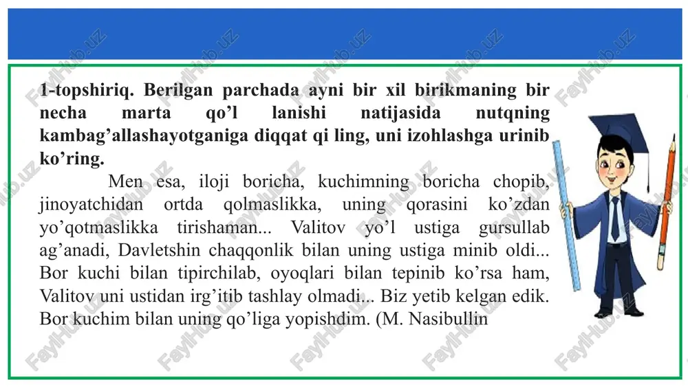 ahamiyatini tushuntiring. o’shanda his-hayajonga bandi bo’lgan erman qasam zamiridagi o’ta og’ir, o’ta zalvarli yukni dastlab to’la his etmagan, guldor kigiz ustida bamisoli baqadek tosh qotib o’tirgan, hayratdan tosh qotgan itolmasning behad quturishini va uning g’azabkor bo’kirishidan tog’lar boshi ko’chib, olam ostin-ustun bo’lib ketishini kutgan. biroq u kutgan hol yuz berma di – itolmas quturmadi. u biror muddatdan so’ng xayolini jamlab, jilovlab, avvaliga nimtabassum qildi, so’ng kuldi. (n. norqobilov) 63-mashq. matnni o’qing. nutq tuzuvchining qanday gap shakllaridan foydalanganini aniqlang, bu jihatlarning nutq boyligini ta’minlashdagi o’rnini tavsiflang. yaxshiboyev hozir o’zi gaplashgan yigitning qiyofasini ko’z oldiga keltirdi: yoshi qirqda, lekin, nari borsa, o’ttizlik ko’rinishi bor: qomatdor, xipcha, sochlari orqaga taralgan, silliq taralib, ustidan lok sepilgan; to’qrang kostyumi sutday oppoq ko’ylakda, misoli tanburning toriday tarang; yuzida tavoze, ammo jilmaygani sezilmaydi. necha yildirki, yaxshiboyev uning yuzini ko’rib, «odam degan qanaqasiga jilmaymasdan ham tavoze qilishi mumkin», deya bosh qotiradi. birinchi yordamchi esa buning tamoman aksi: dehqonsifat; …