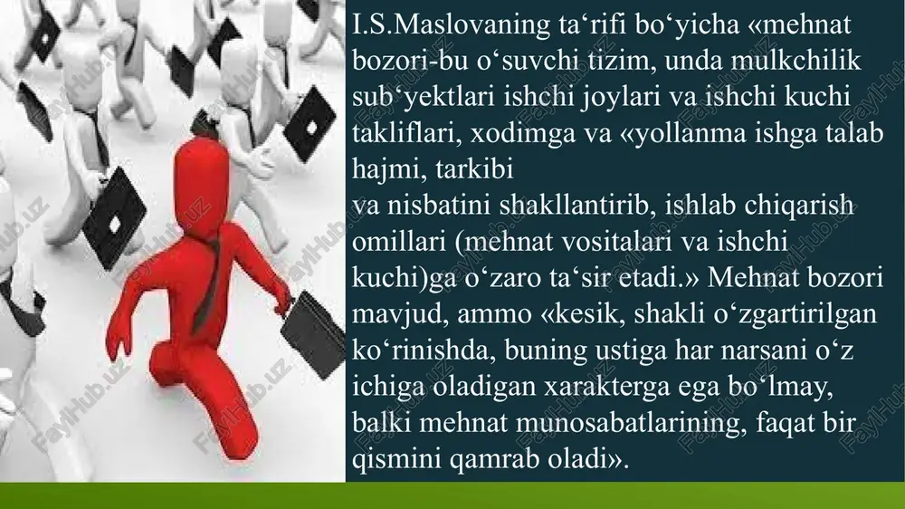 urslari ortiqcha hududlarda (masalan, andijon, farg‘ona, namangan, toshkent, samarqand, qashqadaryo, surxondaryo, buxoro va xorazm viloyatlar) mehnat bozorini tartibga solishning ancha samarali usullari deb, ishchi kuchiga bo‟lgan talabning oshishi (ishchi kuchiga bo‘lgan talabni oshirishni rag‘batlantirish usullarini tadqiq etish-mehnat resurslarining oqilona bandligini ta‘minlashga, hamda mazkur hududlar uchun samarali tarmoqlarni rivojlantirishga qaratilgan) va uning taklifi kamayishi (respublikamizda «kadrlar tayyorlash milliy dasturi» asosida umumta‘lim dasturlarini kengaytirish, va o‘qish muddatini uzaytirish bilan kasbiy tayyorgarlikni yaxshilash, o‘quv yurtlarida kunduzgi ta‘lim olinadigan o‘quv o‘rinlarini ko‘paytirish va kechki, hamda sirtqi o‘quvdagi talaba o‘rinlarini qisqartirish, ishlab chiqarishdan ajralgan holda, o‘qiyotganlarga stipendiyani oshirish ayollarga bola parvarishi uchun to‘lanadigan nafaqalar va ta‘til muddatini ko‘paytirish, mehnat stajini hisoblashda ularga imtiyozlar berish, pensioner nogironlar, hamda ularni parvarishlaydigan shaxslarning pensiyalarini oshirish-mehnat bozorida ishchi kuchlarining oqib kelishini kamaytirish chora-tadbirlari hisoblanadi)ni hisoblash zarur. mehnat resurslari yetishmaydigan mintaqalarda (masalan, jizzax, sirdaryo viloyatlari va qoraqalpog‘iston respublikasi) ishchi kuchlariga talabni kamaytirish (hududiy hokimiyatlarning u yoki bu mintaqalarida va tarmoqlarida …