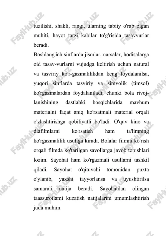 ar qisqa muddatli kuzatishlarni o'qituvchining topshirig'i bilan ekskursiyalarda o'tkazadilar (tabiatdagi mavsumiy o'zgarishlarni ta'riflash muayyan sharoitlarda o'simliklarni yig'ish). tabiatda olib boriladigan uzoq muddatli fenologik kuzatishlar va maktab yer maydonidagi kuzatishlar keng qo'llaniladi. kuzatish tabiatni o'rganishning ko'rgazmali metodidir. tabiatshunoslikni kuzatish deganda atrof borliqning jism va hodisalarini rejali ravishda, maqsadga yo'nalgan holda, ongli tashkillangan qabul qilish tushuniladi. kuzatishlar ikki belgi: muayyan maqsadning bo'iishi va diqqatni kuzatish obyektini bilgan holda to'plash bilan xarakterlanadi. o'qitishning boshlang'ich bosqichlarida o'qituvchi o'quv-chilarning kuzatishlarini tashkil qila turib, ularni oldin safarbar qilishi yoki kuzatish mo'ljallangan jismni ongli qabul qilib olish uchun kerakli ma'lumotlarni aytishi, kuzatiladigan obyektning muhim xususiyatlarini ajratishi, kuzatishning izchilligini ko'rsatishi zarur. kuzatishsiz o'quvchilartabiatjismlari va hodisalari, ularning xususiyat hamda sifatlari, ular o'rtasida mavjud bog'lanishlar haqida to'g'ri tasavvurlar ololmaydilar. o'quvchilarda tegishli tasavvurlarning hosil bo'iishi qabul qilishning boyligi va to'liqligiga bog'liqdir. kuzatishda o'quvchilar faqat kuzatilayotgan obyektlarning tomoshabini bo'lib qolmas-dan, balki ularning xarakterli xususiyatlarini bilib olishga intila-dilar. masalan, chinor va zarangning barglari …