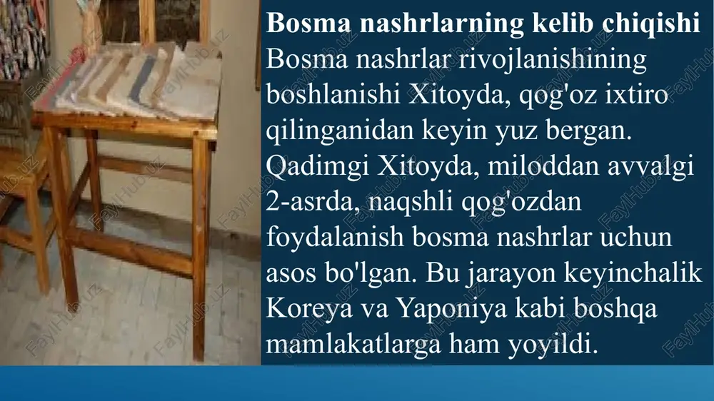 lanishi yangi avlodlar uchun ilhom manbai bo‘lib xizmat qildi. bosma nashrlar va siyosat bosma nashrlar siyosat sohasida ham muhim ahamiyatga ega bo‘ldi. 17-asrda bosma nashrlar orqali siyosiy g‘oyalar va ma’lumotlar ommaga tarqatildi. bu jarayon, ayniqsa, frantsiyada, siyosiy inqiloblar va ijtimoiy harakatlar davrida muhim rol o‘ynadi. boshqa tomondan, bosma nashrlar davlatlar orasida propaganda va ma’lumotlarni tarqatishda ham qo‘llanildi. nashrlar orqali hukumatlar o‘z siyosatlarini, g‘oyalarini va qarorlarini keng ommaga etkazish imkoniyatiga ega bo‘lishdi. bu jarayon, ayniqsa, 20-asrda urushlar va siyosiy inqiloblar paytida muhim rol o‘ynadi. zamonaviy bosma nashrlar bugungi kunda bosma nashrlar hali ham muhim ahamiyatga ega. elektron kitoblar va raqamli nashrlar rivojlanayotgan bo‘lsa-da, an’anaviy bosma kitoblar, jurnallar va gazetalarning o‘rni hech qachon kamaymaydi. ular insoniyat tarixida ko‘plab muhim g‘oyalar va bilimlarni saqlab qolishga yordam beradi. zamonaviy bosma nashrlar texnologik rivojlanish bilan birga kelmoqda. raqamli texnologiyalar, masalan, elektron kitoblar va mobil ilovalar orqali kitoblarni o‘qish imkoniyatlari kengaymoqda. biroq, an’anaviy bosma kitoblar o‘zining …