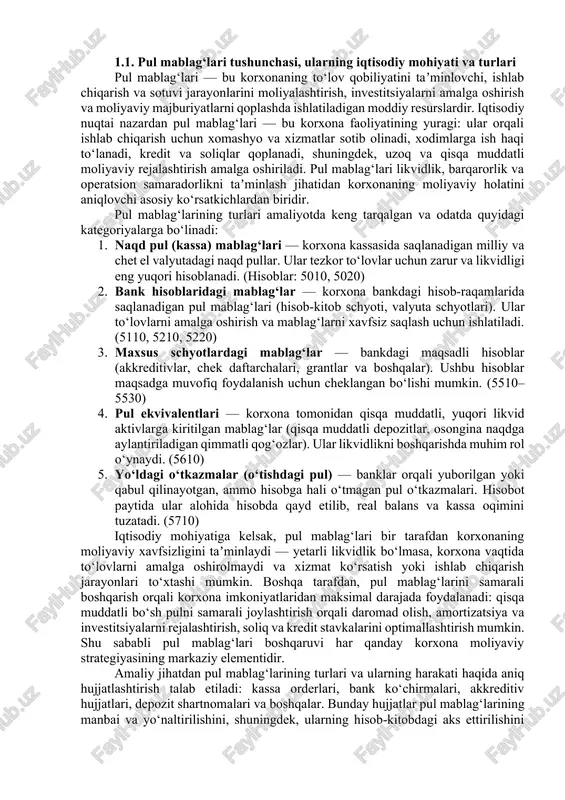 asdiqlaydi. kurs ishida bu tushunchani aniq tushuntirish, turlarini ajratib ko‘rsatish va ularning korxona faoliyatiga taʼsirini ko‘rsatish muhimdir. 1.2. pul mablag‘larini buxgalteriya hisobida aks ettirishning umumiy prinsiplari pul mablag‘larini buxgalteriya hisobida aks ettirishda bir qator umumiy prinsiplarga rioya qilinishi lozim. bu prinsiplarning maqsadi — moliyaviy axborotning ishonchliligi, to‘liqligi va vaqtida taqdim etilishini taʼminlash. eng muhim prinsiplardan baʼzilari quyidagilar: 1. hujjatlashtirish va asoslovchi hujjatlar — har qanday pul harakati (naqd tushumi, bankdan o‘tkazma, akkreditiv ochilishi va boshq.) birlamchi hujjatlar — kassa orderlari, bank ko‘chirmalari, to‘lov topshiriqnomalari kabi hujjatlar bilan tasdiqlanishi shart. hujjatlar pul harakatining sababini, summasini va ishtirokchilarini aniq ko‘rsatishi kerak. 2. doimiylik va uzluksizlik — pul mablag‘lari hisobini yuritishda metodlar va schyotlar muntazam va uzluksiz qo‘llanilishi kerak. bu moliyaviy natijalarni davrlar bo‘yicha solishtirishni osonlashtiradi. masalan, maxsus schyotlar uchun alohida schyotlar (5510–5530) doimiy ravishda bir xil tartibda qo‘llanadi. 3. likvidlikni hisobga olish — pul mablag‘lari likvidligi yuqori bo‘lib, buxgalteriya hisobi hamda moliyaviy …