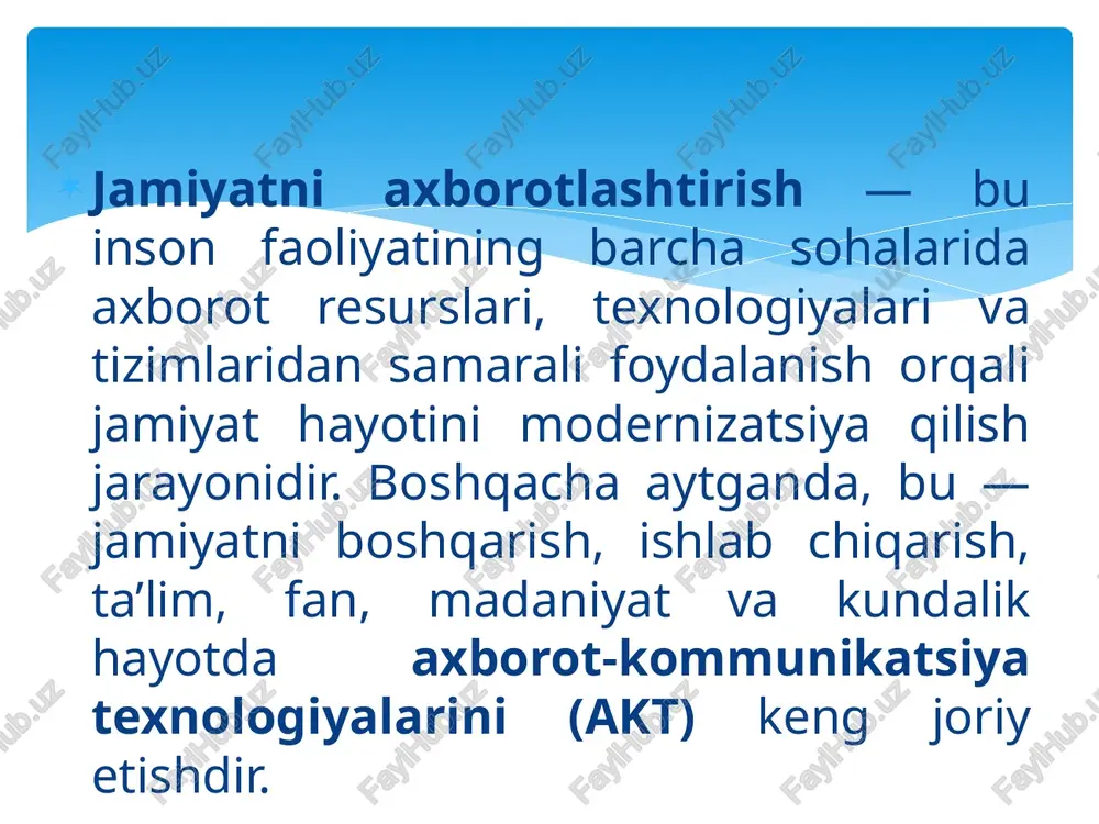 a’lim o‘zaro mustahkamlovchi tizimlardir. — raqamli ta’lim tizimi orqali malakali mutaxassislar yetishib chiqadi, ular esa jamiyatning raqamli rivojlanishiga hissa qo‘shadi. rivojlanish istiqbollari: sun’iy intellekt asosidagi ta’lim tizimlari — o‘quvchilarning bilim darajasini avtomatik tahlil qiluvchi, individual ta’lim yo‘nalishini belgilab beruvchi tizimlar keng joriy etiladi. masofaviy va aralash o‘qitish shakllarining kengayishi — internet orqali o‘qitish va auditoriya mashg‘ulotlarini uyg‘unlashtirish orqali qulay, moslashuvchan o‘quv muhiti yaratiladi. raqamli o‘quv platformalarining rivojlanishi — milliy elektron ta’lim tizimlari, virtual kutubxonalar va bulutli o‘quv ma’lumotlar bazalari kengayadi. axborot xavfsizligi va raqamli madaniyatni mustahkamlash — ta’lim jarayonida axborotdan to‘g‘ri foydalanish, ma’lumotlarni himoya qilish va mas’uliyatli internet faoliyati ko‘nikmalari shakllantiriladi. e’tiboringiz uchun raxmat!!!