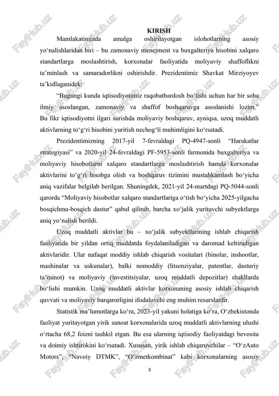 q muddatli aktivlar tushunchasi va ularning tasnifi. xo’jalik yuritishning rivojlanish tarixiga nazar tashlaydigan bo’lsak, asosan, ishlab chiqarish vositalarigina asosiy kapital sifatida gavdalanganligini va xo’jalik yurituvchi sub’ektlar tomonidan olinadigan daromadlar sababchisi ekanligini ko’rishimiz mumkin. jamiyatning rivojlanish bosqichida iqtisodiy-ijtimoiy munosabatlardagi o’zgarishlar natijasida xo’jalik yurituvchi sub’ektlar faoliyatidagi ishlab chiqarish omillaridan bo’lgan kapitalning tarkibiy qismi bo’lgan asosiy kapital qatorida nomoddiy aktivlar, moliyaviy qo’yilmalar kabi aktivlar vujudga kela boshladi. ushbu aktivlarning xo’jalik yurituvchi sub’ekt faoliyatidagi ishtiroki va daromad olishdagi ulushlari asosiy kapitalga aynan o’xshamasada, lekin korxona faoliyatida bir doiraviy aylanishdan ko’ra ko’proq muddatda ishtirok etishlari va daromad olishga sababchi bo’lishlari asosiy kapitalga nisbatan o’xshashlikni keltirib chiqaradi. shuning uchun ham asosiy kapitaldan farqlanuvchi aktivlarni vujudga kelishi endilikda buxgalteriya hisobida asosiy vositalar sifatida tan olingan va aksariyat korxonalarning buxgalteriya balansida faqatgina asosiy vositalarni aks ettirilishiga barham berildi. asosiy vositalar bilan teng qatorda nomoddiy aktivlar, moliyaviy va kapital qo’yilmalar, kechiktirilgan xarajatlar va debitorlik qarzlarini ham aks ettirish zaruriyati …
