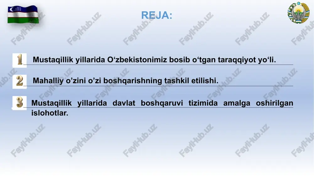 i va ijtimoiy-gumanitar sohalarni izchil isloh qilish, aholi hayot darajasining muttasil o‘sib borishini ta’minlash borasida yanada muhim ahamiyat kasb etdi. bu xususda so‘z borganda, mustaqillik yillarida erishilgan barcha yutuq va marralar – avvalambor, mamlakatimiz iqtisodiyotini isloh etish, erkinlashtirish va modernizatsiya qilish, uning tarkibiy tuzilishini diversifikatsiya qilish bo‘yicha o‘z vaqtida boshlangan, har tomonlama puxta o‘ylangan, uzoq istiqbolga mo‘ljallangan siyosatning natijasi ekaniga takror-takror ishonch hosil qilamiz. prezidentimiz islom karimov tomonidan ishlab chiqilgan, dunyoda o‘zbek modeli sifatida tan olingan o‘zbekistonning o‘ziga xos taraqqiyot yo‘li, uning afzalliklari haqida jahondagi nufuzli siyosatchi va iqtisodchilar, ekspert va tahlilchilar tomonidan ko‘plab haqqoniy fikrlar, yuksak baholar bildirilgan. asosiy negizini iqtisodiyotning mafkuradan xoliligi, siyosatdan ustunligini nazarda tutadigan pragmatik iqtisodiy siyosat; davlatning bosh islohotchilik vazifasini o‘z zimmasiga olishi; qonun ustuvorligini ta’minlash; kuchli ijtimoiy siyosat olib borish; islohotlarni bosqichma-bosqich amalga oshirish kabi mashhur besh tamoyil tashkil etadigan ushbu taraqqiyot modeli ayniqsa 2008 yilda boshlangan jahon moliyaviy-iqtisodiy inqirozi sharoitida o‘zining naqadar to‘g’ri …