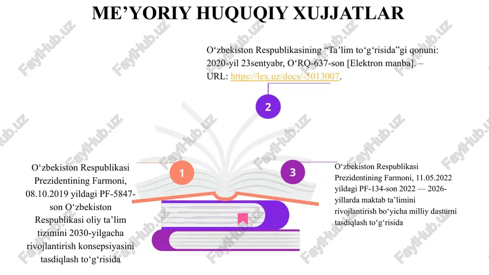 kamchiliklarni aniqlash, o‘quvchilarga taqdim etilayotgan imkoniyatlarni yaxshilash germaniya o'qituvchilarni zamonaviy ta'lim metodlari va texnologiyalari bilan tanishtirish, pedagogik malakalarni oshirishga yordam berish uchun davlat tomonidan ko'plab treninglar va kurslar tashkil etiladi maktablarda resurslarni doimiy ravishda monitoring qilish va tahlil qilish doimiy nazoratda ushlash. 3 moliya resurslarini ta'lim sifatini oshirish va yangi texnologiyalarni joriy etishga yo‘naltirish. aqshda maktablar federal, shtat va mahalliy byudjetlarga asoslanadi. o'qituvchilarni qo'llab-quvvatlash, texnologiyalarni ta'lim jarayoniga integratsiya qilish va o'quvchilarga zarur ta'lim resurslarini taqdim etishga katta e'tibor beriladi. maktab uchun aniq va samarali byudjet tashkil qilish xulosa maktab resurslarini aniqlash, rejalashtirish va maqsadli yo‘naltirish orqali ta'lim muassasasining samaradorligini oshirish mumkin. bu jarayonlar ta'lim tizimida sifatni ta'minlash, o‘quvchilarning bilim va ko‘nikmalarini rivojlantirish, o‘qituvchilarni qo‘llab-quvvatlash va umumiy ta'lim tizimining yanada yaxshilanishiga yordam beradi. shuningdek, resurslardan samarali foydalanish orqali maktabning moliyaviy resurslari ham tejatiladi. 9 taklif yangi ta'lim resurslarini ishlab chiqish, shu jumladan, onlayn materiallar, interaktiv o‘quv dasturlari va o‘quvchilarni rag‘batlantiradigan motivatsion …