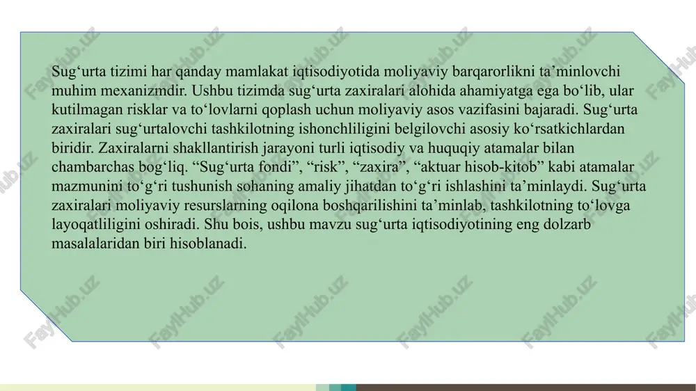 foydalanish. zaxira shakllanishi bo‘yicha aniq me’yor va standartlarni joriy etish. aktuar mutaxassislarni tayyorlash tizimini takomillashtirish. sug‘urta kompaniyalarida ichki audit va nazorat tizimini kuchaytirish. 1. sug‘urta zaxiralari qanday maqsadda yaratiladi? a) kompaniya foydasini oshirish uchun b) kutilmagan sug‘urta to‘lovlarini qoplash uchun c) soliq to‘lovlarini kamaytirish uchun d) xodimlarga mukofot berish uchun 2. sug‘urta zaxiralari qaysi tashkilot tomonidan shakllantiriladi? a) markaziy bank b) sug‘urta kompaniyasi c) davlat soliq qo‘mitasi d) tijorat banki 3. sug‘urta zaxiralari asosan qaysi mablag‘lar hisobidan to‘planadi? a) sug‘urta mukofotlari hisobidan b) kredit mablag‘lari hisobidan c) davlat subsidiyalari hisobidan d) aksiyalar daromadidan 4. sug‘urta zaxiralarini shakllantirishda eng muhim atama qaysi? a) risk b) tovar c) rentabellik d) kredit test 5. aktuar hisob-kitoblar nimani aniqlashga xizmat qiladi? a) sug‘urta mukofotlari miqdorini b) xodimlar sonini c) davlat byudjetini d) soliq miqdorini 6. sug‘urta zaxiralari turlari nechta asosiy guruhga bo‘linadi? a) ikki b) uch c) to‘rt d) besh 7. sug‘urta kompaniyasi moliyaviy …