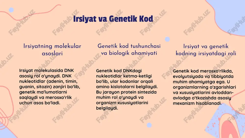 ning organizmda qanday ishlashini anglash bilan bog'liq. genlar dnkda joylashgan, har biri xususiyatni kodlaydi. genlar va ularning funksiyalari genlar - dnk bo'laklari bo'lib, ular organizm xususiyatlarini belgilovchi ma'lumotlarni saqlaydi. har bir gen oqsil yoki rnk ishlab chiqaradi. irsiyat qonunlari: mendel qonunlari mendel qonunlari, xususan, mustaqil ajralish va taqsimlash qonunlari, genlarning avlodlar o'rtasida o'tishini tushuntiradi. bu qonunlar genlarning taqsimlanishini belgilaydi. genetik materialning o'zgaruvchanligi genlar va dnk mutatsiyalari genetik materialning o'zgaruvchanligini ta'minlaydi. bu yangi variantlar va evolutsiyaga imkon yaratadi. photo by alexander grey on unsplash genlar va ularning funksiyalari genlar: tuzilishi va roli genlar dnk bo'laklar bo'lib, xususiyatlarni belgilaydi va protein sintezida, genetik ma'lumotlarni saqlashda muhim rol o'ynaydi. genlar qanday ishlaydi genlar oqsil sintezi jarayonida faollashadi, transkript va translatsiya orqali, har bir gen o'ziga xos protein yoki funksional rnk ishlab chiqaradi. irsiyat mexanizmlari irsiyatning asosiy mexanizmlari: replikatsiya, transkripsiya, tarjima replikatsiya dnk ning nusxalanishi bo'lib, genetik ma'lumotning avloddan-avlodga o'tishini ta'minlaydi. transkripsiya dnk dan …