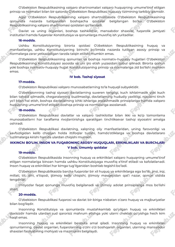 qismi, siyosiy partiya, jamoat birlashmasi, ijtimoiy harakat yoki alohida shaxs o‘zbekiston xalqi nomidan ish olib borishga haqli emas. 11-modda. o‘zbekiston respublikasi davlat hokimiyatining tizimi — hokimiyatning qonun chiqaruvchi, ijro etuvchi va sud hokimiyatiga bo‘linishi prinsipiga asoslanadi. 12-modda. o‘zbekiston respublikasida ijtimoiy hayot siyosiy institutlar, mafkuralar va fikrlarning xilma- xilligi asosida rivojlanadi. hech qaysi mafkura davlat mafkurasi sifatida o‘rnatilishi mumkin emas. 13-modda. o‘zbekiston respublikasida demokratiya umuminsoniy prinsiplarga asoslanadi, ularga ko‘ra inson, uning hayoti, erkinligi, sha’ni, qadr-qimmati va boshqa ajralmas huquqlari oliy qadriyat hisoblanadi. demokratik huquq va erkinliklar konstitutsiya va qonunlar bilan himoya qilinadi. 14-modda. davlat o‘z faoliyatini inson farovonligini va jamiyatning barqaror rivojlanishini ta’minlash maqsadida qonuniylik, ijtimoiy adolat va birdamlik prinsiplari asosida amalga oshiradi. iii bob. konstitutsiya va qonunning ustunligi 15-modda. o‘zbekiston respublikasida o‘zbekiston respublikasi konstitutsiyasi va qonunlarining ustunligi so‘zsiz tan olinadi. o‘zbekiston respublikasi konstitutsiyasi mamlakatning butun hududida oliy yuridik kuchga ega, to‘g‘ridan to‘g‘ri amal qiladi va yagona huquqiy makonning asosini tashkil …