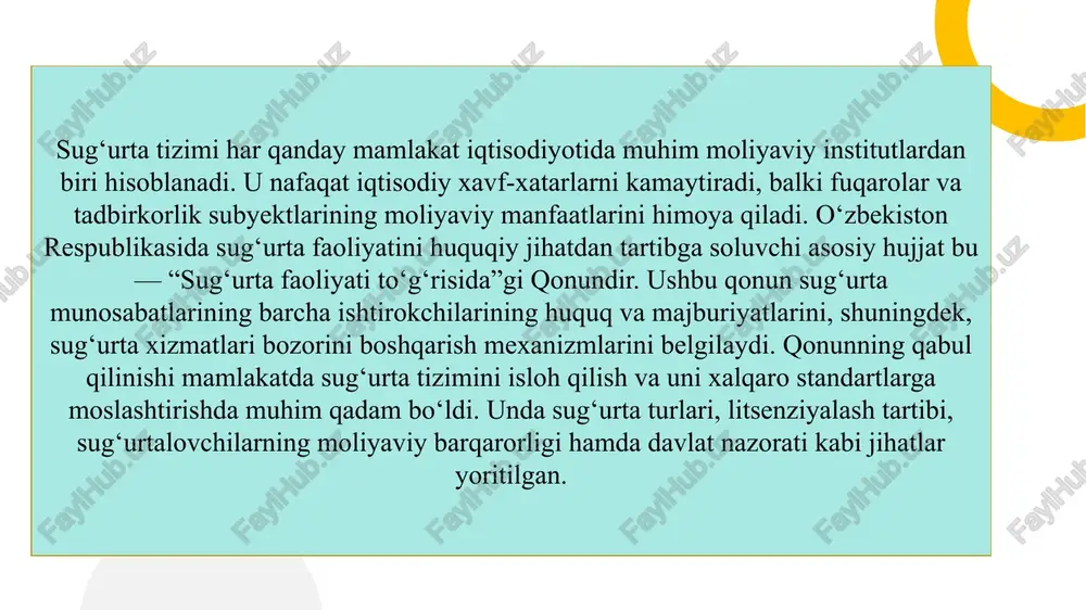 zmuni bo‘yicha tushuntirish berish majburiyatini joriy etish. aholi uchun bepul huquqiy maslahat markazlarini tashkil etish. sug‘urta agentlari malakasini oshirish. sug‘urta kompaniyalarida ichki audit va nazorat tizimini kuchaytirish. 1.o‘zbekiston respublikasining “sug‘urta faoliyati to‘g‘risida”gi qonuni qachon qabul qilingan? a) 1999-yil 5-aprel b) 2002-yil 23-may c) 2008-yil 10-iyul d) 2015-yil 1-yanvar 2.sug‘urta faoliyatining asosiy maqsadi nima? a) foyda olish b) xatarlarni kamaytirish va moliyaviy himoya ta’minlash c) soliq yig‘ish d) valyuta nazoratini amalga oshirish 3.sug‘urtalovchi kim hisoblanadi? a) sug‘urta hodisasi yuz beruvchi shaxs b) sug‘urta xizmatini ko‘rsatuvchi tashkilot c) qonun nazoratchisi d) davlat idorasi 4.sug‘urtalanuvchi kim? a) sug‘urta kompaniyasining xodimi b) sug‘urta xizmatidan foydalanuvchi shaxs c) sud organi d) soliq to‘lovchi 5.qonunda sug‘urta zaxiralari nima uchun yaratiladi? a) sug‘urta hodisalari uchun to‘lovlarni kafolatlash b) foyda solig‘ini kamaytirish c) ish haqlarini oshirish d) reklama xarajatlarini qoplash 6.sug‘urta faoliyatini kim nazorat qiladi? a) markaziy bank b) moliya vazirligi c) ichki ishlar vazirligi d) soliq qo‘mitasi …
