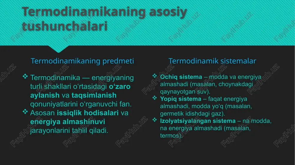 i. ish printsipi issiqlik mashinasining teskari sikliga asoslanadi. misol: muzlatkich, konditsioner. 🔹 issiqlik nasoslari sovuq joydan issiqlik olib, binoni isitadi. elektr energiyasi yordamida ishlaydi. termodinamik qonunlarning amaliy qo‘llanilishi energiya tejovchi texnologiyalar issiqlik dvigatellari, avtomobillar, bug‘ turbinalari sovutish va konditsioner tizimlari tabiatdagi jarayonlar: iqlim, shamol, suv aylanishi dnt 816u guruh talabasi: rustamov azizbek e’tiboringiz uchun raxmat /docprops/thumbnail.jpeg