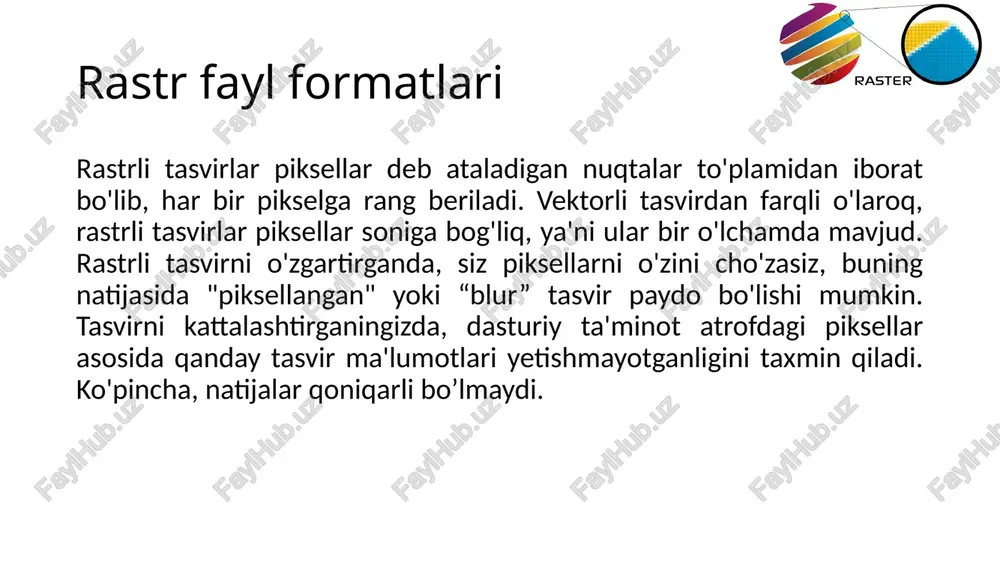 lik uchun eng yaxshi variantingizdir. sizga qatlamli, tahrirlanadigan rasm kerak bo’lganda. jpeglar tekis tasvir formatidir, ya'ni barcha tahrirlar bitta rasm qatlamida saqlanadi va ularni qaytarib bo'lmaydi. to'liq tahrirlanadigan rasm uchun psd (photoshop) faylini ko'rib chiqing. gif (graphics interchange format ) gif yo'qotishsiz rastr formati bo'lib, grafik almashish formati degan ma'noni anglatadi. gif ham keng qo'llaniladigan veb-rasm formati bo'lib, odatda banner reklamalari, elektron pochta tasvirlari va ijtimoiy media memlari kabi animatsion grafiklada keng qo’llaniladi. gif-lar yo'qotishsiz bo'lsa-da, ular ranglar va tasvir ma'lumotlari miqdorini kamaytiradigan, o'z navbatida fayl hajmini kamaytiradigan bir qator juda moslashtirilgan sozlamalarda eksport qilinishi mumkin. qachon gif dan foydalanishingiz kerak siz veb-animatsiya yaratmoqchisiz. gif rasmlari barcha animatsiya ramkalari va vaqt ma'lumotlarini bitta faylda saqlaydi. photoshop kabi rasm muharrirlari qisqa animatsiya yaratish va uni gif sifatida eksport qilishni osonlashtiradi. sizga shaffoflik kerak. gif tasvirlari shaffof bo'lishi mumkin bo'lgan "alfa-kanal" ga ega, shuning uchun siz rasmingizni istalgan rangli fonga joylashtirishingiz mumkin. …