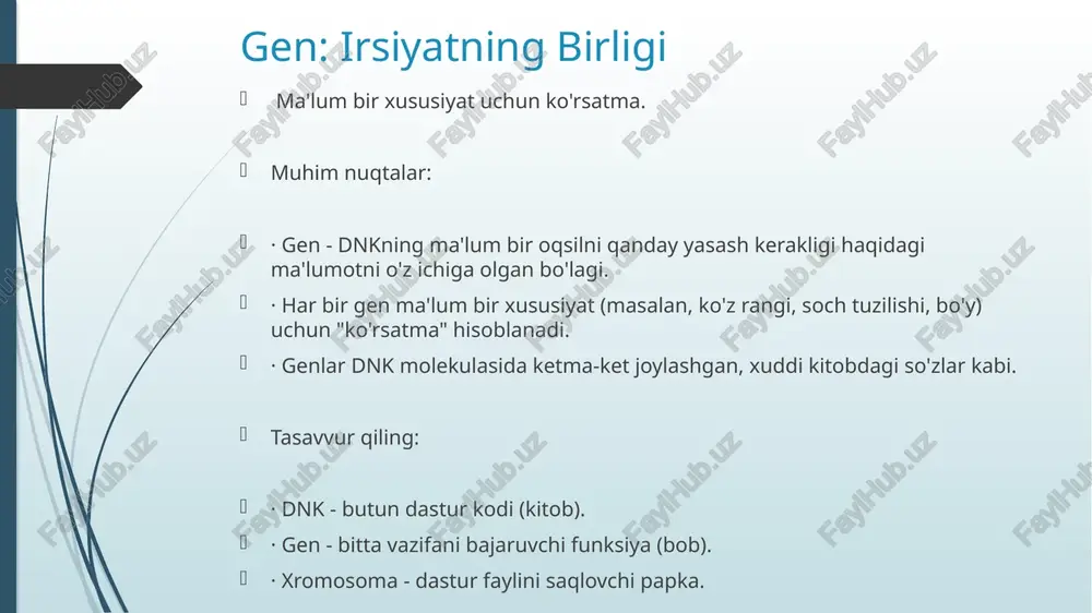 laydi. har bir yangi hujayra ota-onadan olingan bir xil genetik axborotga ega bo‘ladi. 6. bosqich: bola rivojlanadi va tug‘iladi bola ota-onasidan olingan genetik axborotga asosan shakllanadi. shunday qilib, irsiyat nasldan-naslga o‘tadi. 🔁 qisqacha sxema: jinsiy hujayralar hosil bo‘ladi (23 xromosomali) urug‘lanish → spermatozoid + tuxum = zigota zigotada 46 ta xromosoma (ota + ona) genlar birlashadi → belgilarning aniqlanishi zigota bo‘linadi va o‘sadi bola tug‘iladi → irsiy belgilar bilan sintez: dnk -> rnk -> oqsil 1. transkripsiya (ko'chirish): · dnkdagi gen ma'lumoti rnk (ribonuklein kislota) ga ko'chiriladi. · xuddi retseptni fotokopiya qilishga o'xshaydi. 2. translatsiya (tarjima): · rnk hujayraning "oqsilsintez zavodi" (ribosoma) o'qiladi. · rnkdagi kod asosida aminokislotalar ketma-ketligi yig'iladi va oqsil hosil qilinadi. · oqsil organizmning qurilishi va barcha funktsiyalari uchun mas'ul. mutatsiya: o'zgarishlar manbai mutatsiya - dnk ketma-ketligidagi doimiy o'zgarish. · sabablari: nurlanish, kimyoviy moddalar (mutagenlar), yoki nasldan-naslga o'tishda sodir bo'ladigan xatolar. · oqibatlari: · neytral: hech qanday …