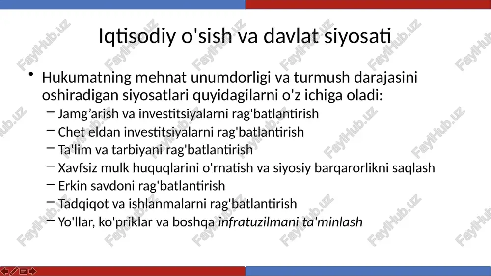 'z daromadlarini - foiz va foydani o'z mamlakatlariga qaytarib oladilar shunday bo‘lsa-da, chet el sarmoyasi ish o‘rinlari yaratib, hosildorlik va ish haqini oshiradi to'g'ridan-to'g'ri xorijiy investitsiyalar qashshoq mamlakatlar uchun eng zamonaviy texnologiyalardan foydalanishni o'rganishning bir usuli hisoblanadi chet eldan investitsiyalar kambag'al mamlakatlar uchun xorijiy investitsiyalar rivojlanishning yagona yo'li bo'lishi mumkin, ayniqsa ularning daromadlari asosiy iste'mol ehtiyojlarini qondirish uchun etarli bo'lmasa. xorijiy sarmoyani jalb qilish uchun hukumatlar kerak investorlarning mulkiy huquqlarini himoya qilish va tegishli infratuzilmani ta'minlash (yo'llar, portlar va boshqalar ) ta'lim mamlakatning uzoq muddatli o'sishi uchun ta'lim hech bo'lmaganda jismoniy kapitalga sarmoya kiritish kabi muhimdir. qo'shma shtatlarda har yili maktab o'qishi odamning ish haqini o'rtacha 10 foizga oshiradi. kambag'al mamlakatlarda to'lov yanada kattaroqdir shunday qilib, hukumat turmush darajasini oshirishning bir usuli - maktablar qurish va talabalarga subsidiyalar berishdir ta'lim o'qimishli odam jamiyatning bilim fondini kengaytiradigan va boshqalarga tashqi foyda keltirishi mumkin bo'lgan yangi g'oyalarni yaratishi mumkin . qancha ta'lim …