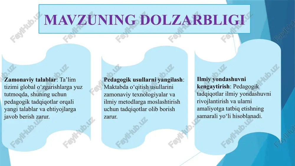 ashtirish. xorijiy tajribalar germaniya ikkilik ta’lim tizimi va amaliy tadqiqotlar. ikkilik ta’lim tizimi asosida o‘quvchilarning nazariy va amaliy bilim olishiga e’tibor qaratiladi. ilmiy tadqiqotlar orqali amaliy fanlar va an’anaviy ta’lim usullarining samaradorligi tahlil qilinadi. fransiya ta’lim tizimidagi ilg‘or pedagoglarning g‘oyalari va metodlarining ommalashtirilishi muhim ahamiyatga ega bo‘lib, bu tizimni yangilash va takomillashtirishda katta rol o‘ynaydi. yaponiya xalqaro tajriba almashish dasturlari orqali sifatli o’qitish metodlarining ommalashuviga erishilmoqda. xorijlik talabalar uchun stipendiyalar va grantlar ajratilib, yaponiya ta’lim tizimi jahon miqyosida tanilmoqda. qiyosiy tahlil t/r amaldagi holat (o‘zbekistonda) amaldagi holat (xorijda) takliflar 1 o‘qituvchilar uchun malaka oshirish kurslari bor, lekin ilmiy tadqiqot olib borish tizimi to‘liq shakllanmagan. germaniyada o‘qituvchilar fanlarni kasbiy ta’lim bilan bog‘lab tadqiqot olib boradilar, shuningdek, ikkilik ta’lim tizimi va kasbiy yo‘naltirilgan tadqiqotlar qo‘llaniladi. pedagogik tadqiqotlarni rivojlantirish uchun maktablarda ilmiy-tadqiqot muhitini shakllantirish lozim. 2 xalqaro baholash dasturlarida ishtirok etish, pedagoglarning malakasini oshirish hamda ilg‘or ta’lim metodikalarini joriy etish kabi tashabbuslar yo‘lga …