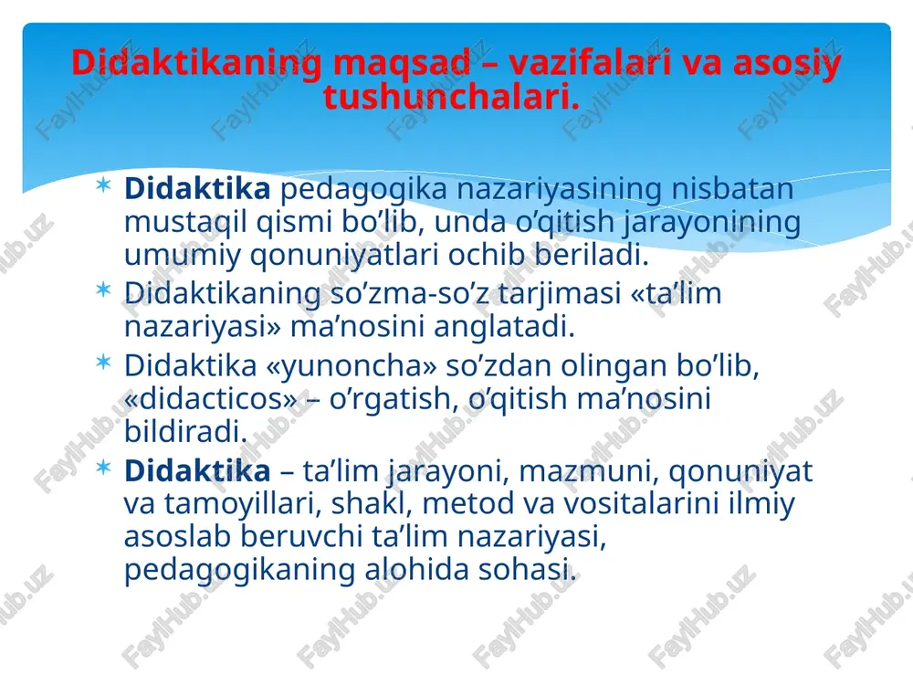 ichki mohiyati, mantig’i, mazmuni uchun qobiq. metod – o’qitishning maqsad va vazifalariga erishish (amalga oshirish) yo’li. vosita – o’quv jarayonining predmetli qo’llab-quvvatlanishi, yangi materialni o’zlashtirish jarayonida o’qituvchi va talabalar tomonidan foydalaniladigan ob’yekt. natija – o’quv jarayonining so’nggi mahsuli, belgilangan maqsadlarning amalga oshganlik darajasi. didaktikaning asosiy kategoriyalari zamonaviy ta’lim paradigmalari. paradigma (grekcha, paradeigma) so’zining o’zi keng ma’noda turmush va fikrlashining biror sohasining fundamental asoslarini aniqlab beruvchi o’ziga xos tuzilishga ega nazariya deb izohlanadi. ta’limning keng tarqalgan beshta paradigmasi mavjud: an’anaviy (bilimga yo‘naltirilgan paradigma); fenomenologik (insonparvarlik paradigmasi); ratsionalistik (bixevioristik, xulq-atvorga doir); texnokratik; ezoterik. o’qitish jarayoni mohiyati va uning vazifalari. o’qitish – o’qituvchi va o’quvchilarning maqsadga qaratilgan birgalikdagi faoliyati jarayoni bo’lib, bu jarayonda o’quvchilarni rivojlantirishni amalga oshiradigan bilim, ko’nikma, malaka va kompetensiyalar yuzaga chiqadi. ma'lumki, o'quv jarayoni 3 ta bir-biri bilan bog'liq o'qitishning tarkibiy qismlaridan tashkil topgan. 1. motivlar. (m) 2. o'quvchining o'qish faoliyati. (o'f) 3. o'qituvchining boshqaruvchilik faoliyati. (b) shunday qilib, o'quv …