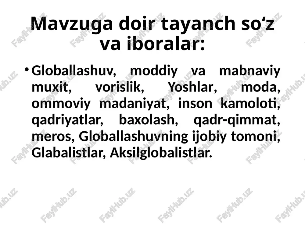 r hamda turli madaniy mahsulotlar oqimini nazorat qilish bo’yicha alohida rezolyutsiya qabul qilingan. shu yili yunesko tashabbusi bilan “kommunikatsiyalarni rivojlantirish xalqaro dasturi” nomini olgan yangi tashkilot faoliyat yurita boshladi. globallashuv va hozirgi turmush jarayonining keskin sur’ati, ilmiy-texnika taraqqiyoti, yangi axborot texnologiyalari hayotimizni, umuman jamiyatni jadal ravishda o’zgartirmoqda. bunday sharoitda kishilik jamiyatining jurnalistlar oldiga qo’yadigan talablari ham o’zgarmoqda. xulosa qilib shuni aytish mumkinki, jahon jurnalistikasini tahlil etishda unda ro’y berayotgan barcha jarayonlar, yangi tendensiyalarni to’la-to’kis qamrab olishning iloji yo’q, albatta. lekin ayni paytda saqlanib kelayotgan milliy o’ziga xosliklarni, milliy manfaatlarga putur yetkazmagan holda ko’rib chiqish va axborot jamiyati sari intilish jarayonida asqotadigan samarali tamoyillarni belgilab olish bugungi milliy jurnalistikamiz uchun zaruriy vazifalardandir. globallashuv jarayonida media axborot orqali daromad topish by miss durdonakhan 12 bugungi kunda reklamalardan kublab foydalanishmoqdalar. ommaviy axborot vositalarining madaniy ahamiyati tobora ortib bormoqda. ommaviy axborot vositalari jamiyatda vositachi vazifasini bajaradi: tobora ko'proq odamlar o'z tajribasi orqali emas, balki …