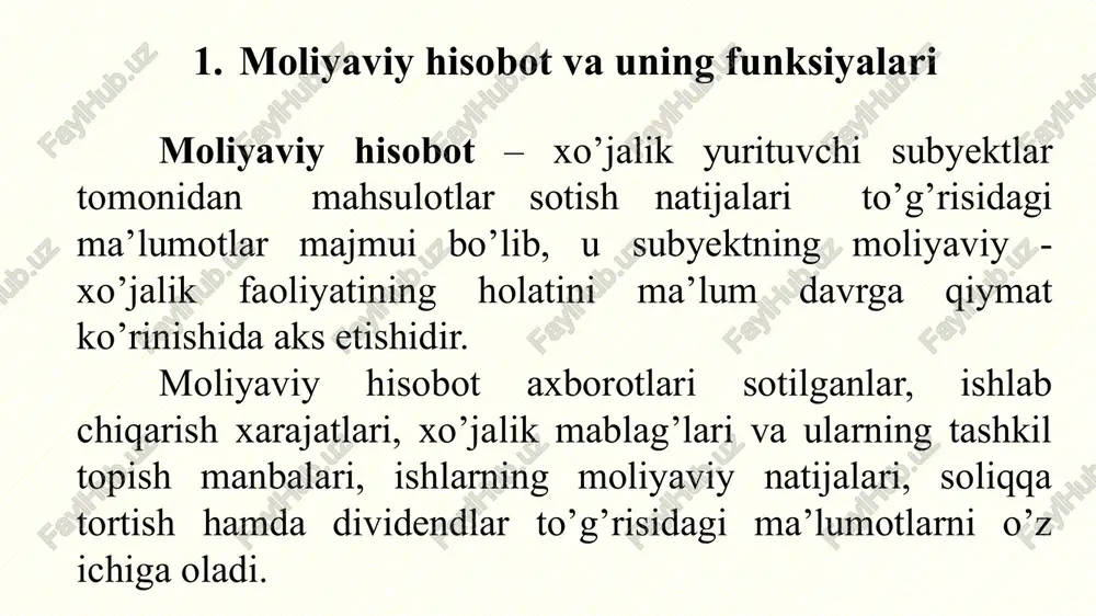lar (-) -10,0 qisqa muddatli qarz summalarining o‘zgarishi (+) +94,6 pul mablag‘lari va bozor qimmatli qog‘ozlari summasining o‘zgarishi 20,0 balans aktivlar = majburiyatlar + aksiyadorlik xususiy kapitali aniq vaqtga firmaning aktivlari va majburiyatlari qiymatini aks ettiradi. uzoq muddatli aktivlar boshlang‘ich qiymati (sotib olish qiymati) bo‘yicha o‘tgan davr uchun amortizatsiyani hisobga olgan holda aks ettiriladi. moliyaviy natijalar to‘g‘risidagi hisobot sof foyda = jami daromadlar – jami xarajatlar ma’lum davr uchun tushumlarni va ular bilan bog‘liq xarajatlarni qayd etadi. hisob prinsiplaridan foydalanilgan holda yig‘ib (to‘plab) borish prinsipi bo‘yicha sof foyda, odatda, sof pul mablag‘lari oqimi bilan bir xil bo‘lmaydi. pul oqimlari to‘g‘risidagi hisobot pul oqimlari summasi = xo‘jalik faoliyatidan pul mablag‘larining sof kirimi (chiqimi) + investitsiya faoliyatidagi sof pul oqimlarining kirimi (chiqimi) + moliyaviy faoliyatdan sof pul oqimlarining kirimi (chiqimi) pul oqimlari to‘g‘risidagi hisobotda ma’lum bir davr uchun firmaning pul mablag‘lari kirimi va chiqimi qayd etiladi. pul mablag‘larining har bir kirim va …