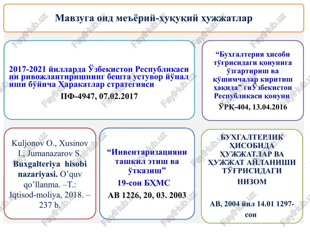 tsiya to'g'risida tushuncha, uning ahamiyati, turlari va schyotlarda aks ettirish buxgalteriya hisobi va moliyaviy hisobot ma'lumotlarining to'g'riligi hamda ishonchliligi aktivlar va majburiyatlarni majburiy tarzda inventarizatsiyadan o'tkazish orqali tasdiqlanadi. inventarizatsiya ob'ektlari, uni o'tkazish tartibi va muddatlari inventarizatsiya bo'yicha buxgalteriya hisobi standartida belgilanadi o'rq-404, 16-modda. 14 2. inventarizatsiya to'g'risida tushuncha, uning ahamiyati, turlari va schyotlarda aks ettirish inventarizatsiya – bu buxgalteriya hisobining haqiqatdagi ma'lumotlarini hisobotdagi ma'lumotlari bilan taqqoslash usulidir. 15 inventarizatsiyaning asosiy maqsadlari bo'lib quyidagilar hisoblanadi: mol-mulkning haqiqatda mavjudligini aniqlash; majburiyatlar hisobda to'g'ri aks ettirilganligini tekshirish 2. inventarizatsiya to'g'risida tushuncha, uning ahamiyati, turlari va schyotlarda aks ettirish haqiqatda mavjud mol-mulkni buxgalteriya hisobi ma'lumotlari bilan solishtirish; 16 quyidagi hollarda inventarizatsiya o'tkaziladi: mol-mulk ijaraga berilganda, sotib olinganda, sotilganda, shuningdek, davlat korxonasi o'zgartirilganda; yillik moliyaviy hisobotni tuzish oldidan. «tovar-moddiy zaxiralar» bir yilda kamida bir marta, «asosiy vositalar» ikki yilda kamida bir marta, kutubxona fondlari esa besh yilda bir marta amalga oshiriladi. 2. inventarizatsiya to'g'risida tushuncha, …