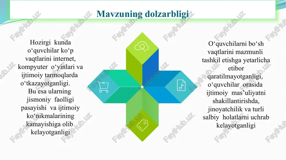 hga yo‘naltirish. maktab ichida yoki maktablararo ilmiy tanlovlar, matematika, fizika, kimyo va boshqa fanlar bo‘yicha musobaqalar o‘tkazish. bo‘sh vaqtini samarali o‘tkazish orqali o‘quvchilarga o‘z vaqtini boshqarishni, rejalashtirishni va mas’uliyatli qarorlar qabul qilishni o‘rgatish. maktabda o‘quvchilarning bo‘sh vaqtini jismoniy mashqlar, sport musobaqalari va boshqa jismoniy faolliklar bilan to‘ldirish. vazifalar 7 aqsh maktablarida o‘quvchilarning bo‘sh vaqtlarini mazmunli tashkil etish uchun turli xil klub va to‘garaklar faoliyat yuritadi. bu yerda o‘quvchilar sport, drama, musiqa, ilmiy tadqiqotlar, robototexnika va boshqa ko‘plab sohalarda o‘zlarini sinab ko‘rishlari mumkin. yaponiya maktablarida o‘quvchilarning bo‘sh vaqtlarini sport va madaniy faoliyatlar bilan to‘ldirish an’anaga aylangan. o‘quvchilarni jismoniy tarbiya, teatr, musiqa va boshqa san’at turlari bilan shug‘ullantirishda keng imkoniyatlar mavjud. janubiy koreya maktablarida to‘garaklar muhim ahamiyatga ega bo‘lib, ular o‘quvchilarning qiziqishlariga mos ravishda tashkil etiladi. maktabdan tashqari mashg‘ulotlar o‘quvchilarning ijodiy, sport, ilmiy va texnik qobiliyatlarini rivojlantirishga yordam beradi. mavzu yuzasidan xorijiy davlatlar tajribalari mavzuning qiyosiy tahlil etilganligi t/r amaldagi holat (o‘zbekistonda) …
