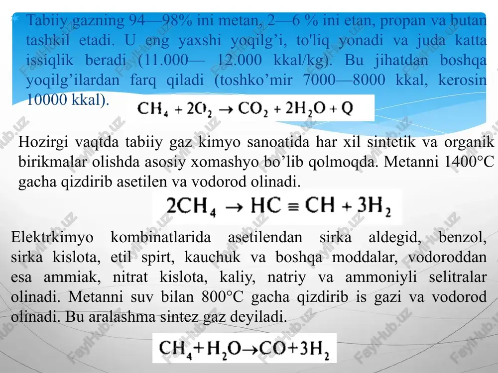 ida va vazelin moyi tayyorlashda ishlatiladi. surkov moyidan mashina qismlari va mexanizmlarini moylash uchun moylar olinadi. gudron yo’llarni asfalt qilishda ishlatiladi. buxoro neftni qayta ishlash zavodining ishga tushirilishi respublikaning neft mahsulotlariga bo‘lgan ehtiyojini to‘la qondirishga imkon yaratdi. neftni qayta ishlash jarayonida ko‘p miqdorda etilen, propilen, butilen, amilenlar hosil bo‘ladi. ulardan sintetik materiallar — plastmassa, kauchuk, spirt, aldegid, kislota va yuvuvchi moddalar olinadi. toshko‘mir. o‘zbekiston katta ko‘mir zaxiralariga ega. u geologik zaxiralar bo‘yicha o‘rta osiyoda ikkinchi o‘rinda turadi. o‘zbekistonda ko‘mir angren, shargun va boysun konlaridan qazib chiqariladi. ularning umumiy zaxirasi — 2 milliard tonnaga yetadi. toshko‘mirni quruq haydash yo‘li bilan smola olinadi. toshko‘mir smolasi tarkibida 400 dan ortiq aromatik va geterosiklik birikmalar bo‘ladi. undagi organik birikmalar fraksiyalarga bo’lib ajratiladi. birinchi fraksiyada (yengil moy fraksiyasi 170°c gacha) benzol, toluol, ksilol, tiofen, uglerod sulfid, piridin va boshqa m oddalar olinadi. ikkinchi fraksiyada (fenol fraksiyasi 170—210°c) fenol, krezollar, naftalin, inden, kumaron, tarkibida azot va …
