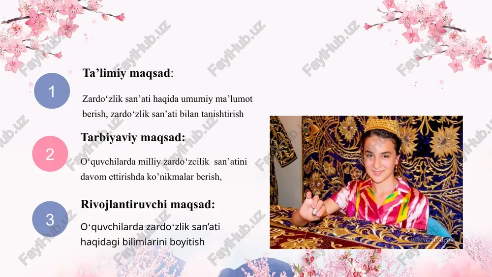 zlikda sintetik tola aralashtirib toʻqilgan, zardo’zlar «taqir velyur» deb atashadigan turi koʻp ishlatiladi. undan barcha turdagi zardoʻzlik buyumlari tikiladi. boʻz surup (xom surp) - pardozlanmagan ip - gazlama, ancha qalin va ogʻir material. boʻz karda ipdan polotno oʻrishlarda toʻqilgan, shuning uchun pishiq va choʻzilmaydi. oqartirilgan va pardozlangan boʻz. xx asrgacha boʻlgan zardoʻzlikda surp chakmon, poyabzallarda naqshlar ostiga tagzamin sifatida ishlatilgan. hozir ham kumush rangli ip bilan tikiladigan naqshlar ostiga qoʻyiladi fan biologiya va kimyo fanlariga bogʻlanadi subtitle turli navdagi simli iplar zardo’zlik uchun asosiy xom-ashyo bo’lib hisoblangan. oq va tillarang tusdagi yassilangan kumush tolasi sim deb atalib, u buxoro zardo’zlari tomonidan keng qo’llanilgan. zar iplardan tashqari zardo‘zlikda jaydari rangdor ipak iplardan ham foydalanilgan. ular, asosan, gullarga qo‘shimcha oro berishda hamda matoga zar yo‘l tushirishda ishlatilgan. zar iplarni o‘rash. zar iplardan foydalanishdan ilgari ular belgilangan chegarada uzun qilib olinadi va patilaga, ya’ni zar o‘raydigan cho‘pga 4 qavat qilib o‘raladi. zar iplar …