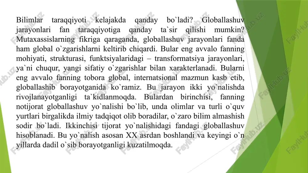 oslangan edi. ta`limdagi chiziqli tafakkurning ustunligi postnoklassik fan asoslariga muvofiq kelmay qoldi. natijada bilimlarni uzatish jarayoni, bilimlarni generatsiya qilish samaradorligi, bilish subyektlari ijodkorligining susayishiga sodir bo`ldi.bu ta`lim falsafasida “ta`limning inqirozi” sifatida baholandi. “hozirda respublikamiz aholisining yalpi savodxonlik muammosi to`la hal qilingan.zero, aholining savodxonligi 1991 yildagi 97,7 % dan 2003 yilda 99,3% ga etdi. o`rta maxsus, kasb- hunar yoki oliy ma`lumotga ega katta yoshli aholi hissasi 75% dan oshadi. boshlang`ich va o`rta ta`lim darajasida qamrab olingan qiz va o`g`il bolalar soni orasida amalda farq yo`q.”[12][99] shuningdek, o`zbekiston umumiy boshlang`ich ta`limni ta`minlab, global mingyillik rivojlanish maqsadlaridan birini muvaffaqiyat bilan ro`yobga chiqarganini qayd etish lozim. kadrlar tayyorlash milliy dasturiga muvofiq nisbatan qisqa davr ichida o`rta kasb- hunar o`quv yurtlarining yangi tiplari tarmog`i yaratildi, ta`lim dasturlarining rangbarangligini ta`minlashga, ta`lim tizimini moliyalashtirish ko`p tomonlama bo`lishiga erishildi. 2004 yil may oyida prezident farmoni bilan maktablar moddiy-texnika bazasini rivojlantirish va uzluksiz ta`limning yagona yaxlit tizimini shakllantirish bilan …